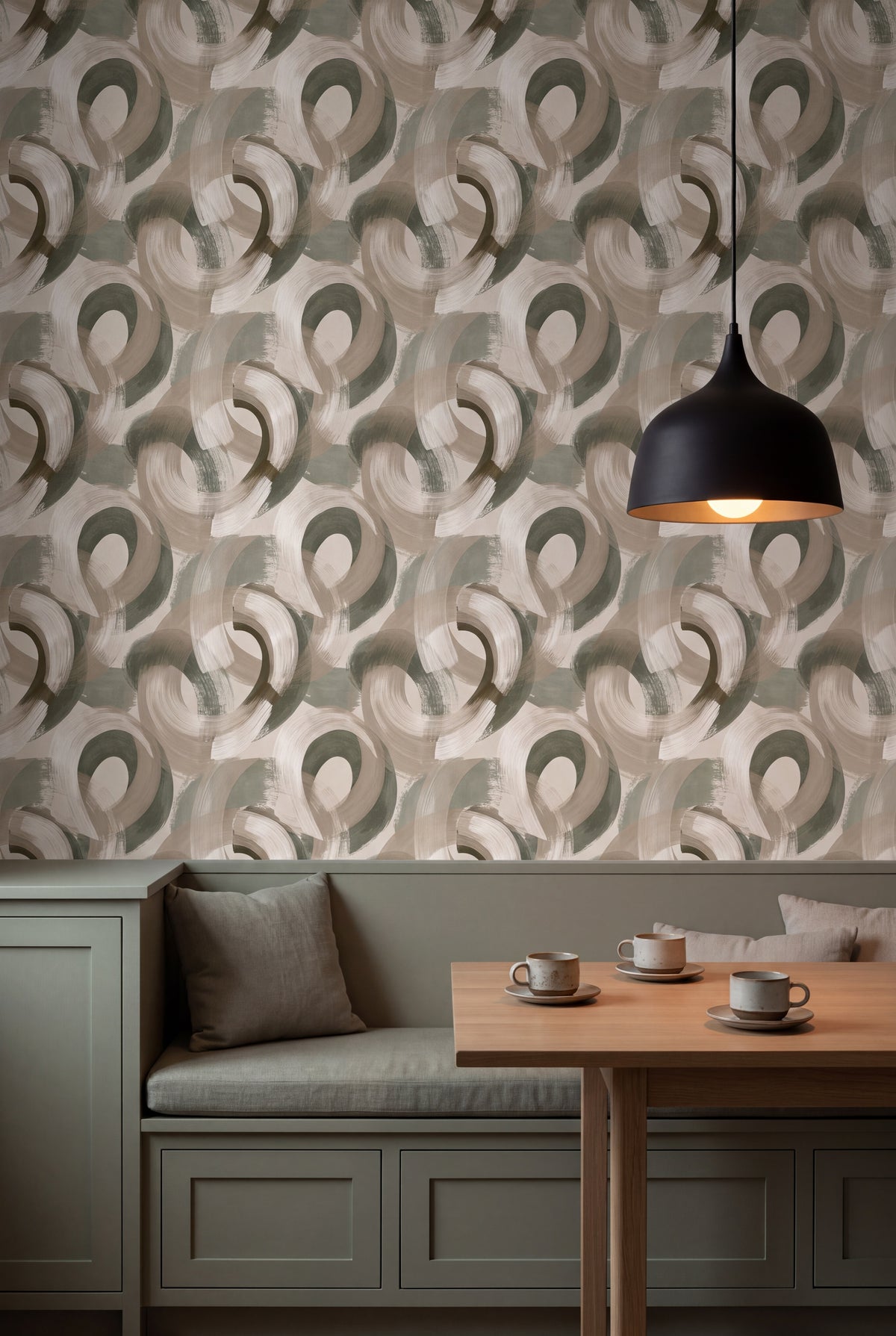 Willow Halo wallpaper shown in a kitchen breakfast nook