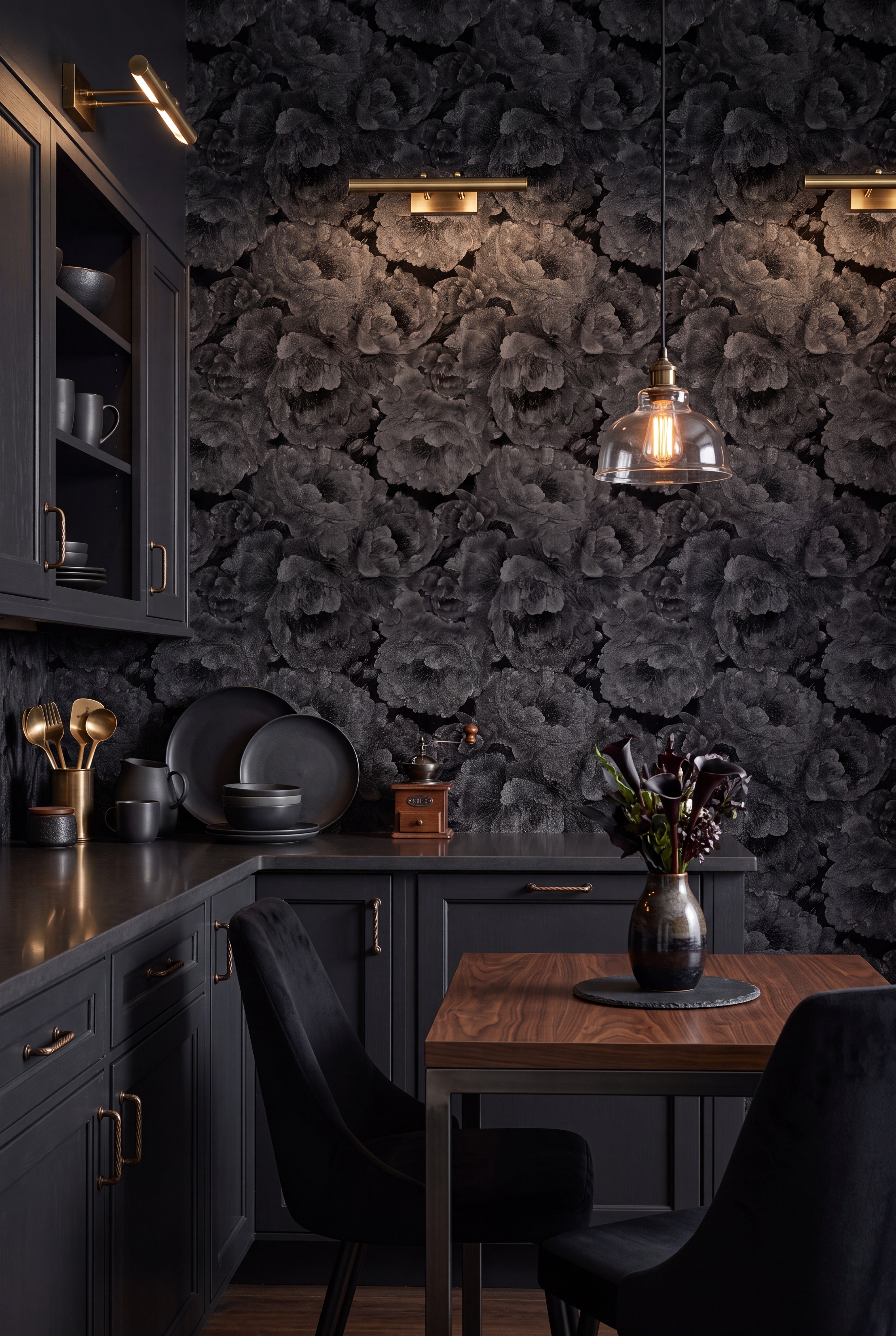 Charcoal peony blossoms on a near-black chinoiserie wallpaper in a cozy nook.