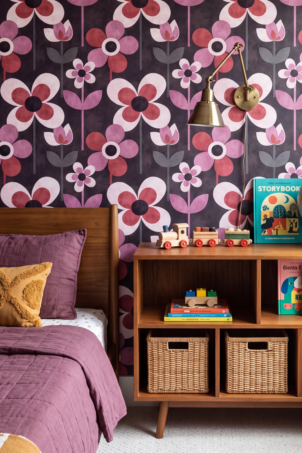 Orchid pink and cream mod daisies on dark plum wallpaper in a kids room.