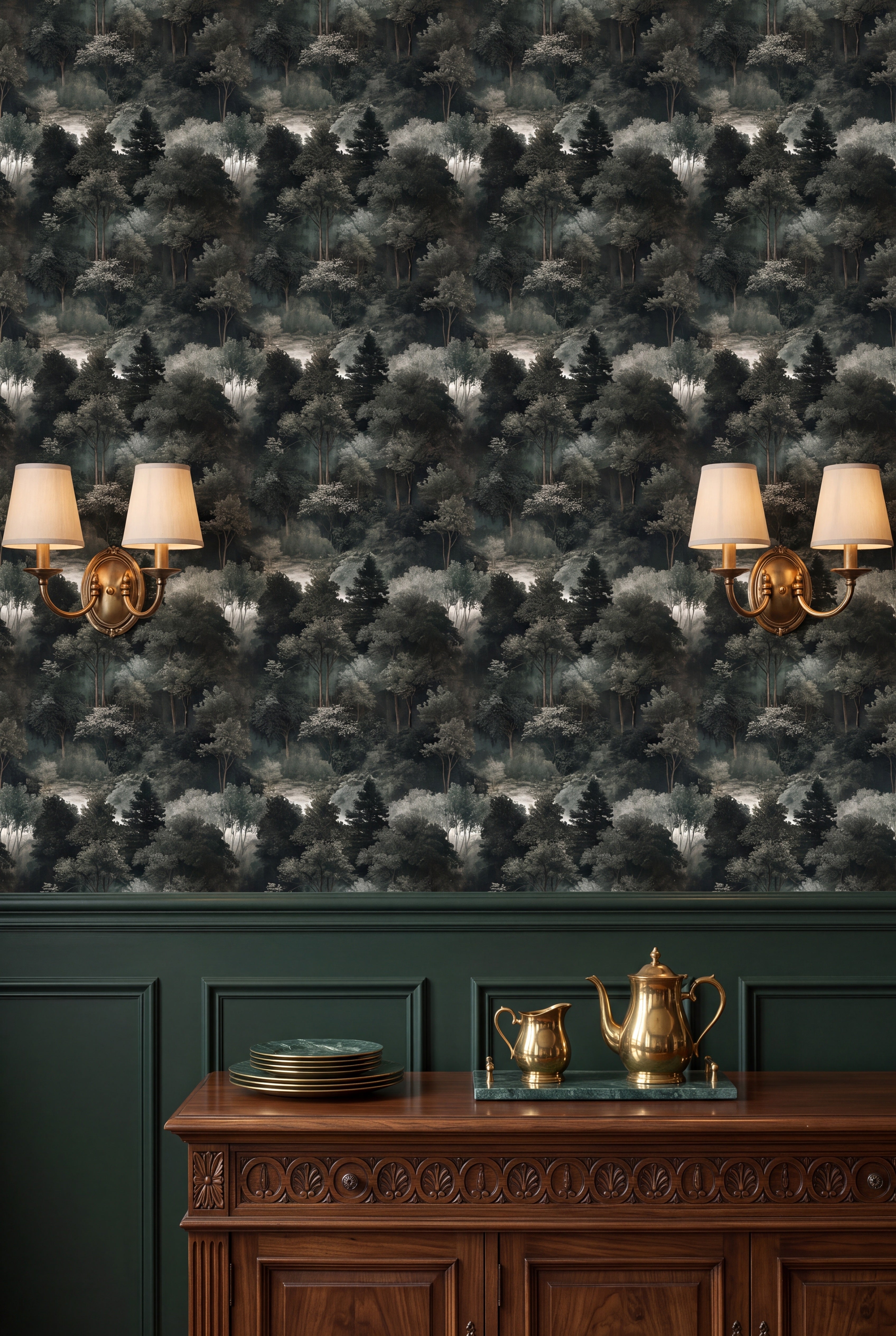 Deep green misty forest canopy mural wallpaper in a dining room.