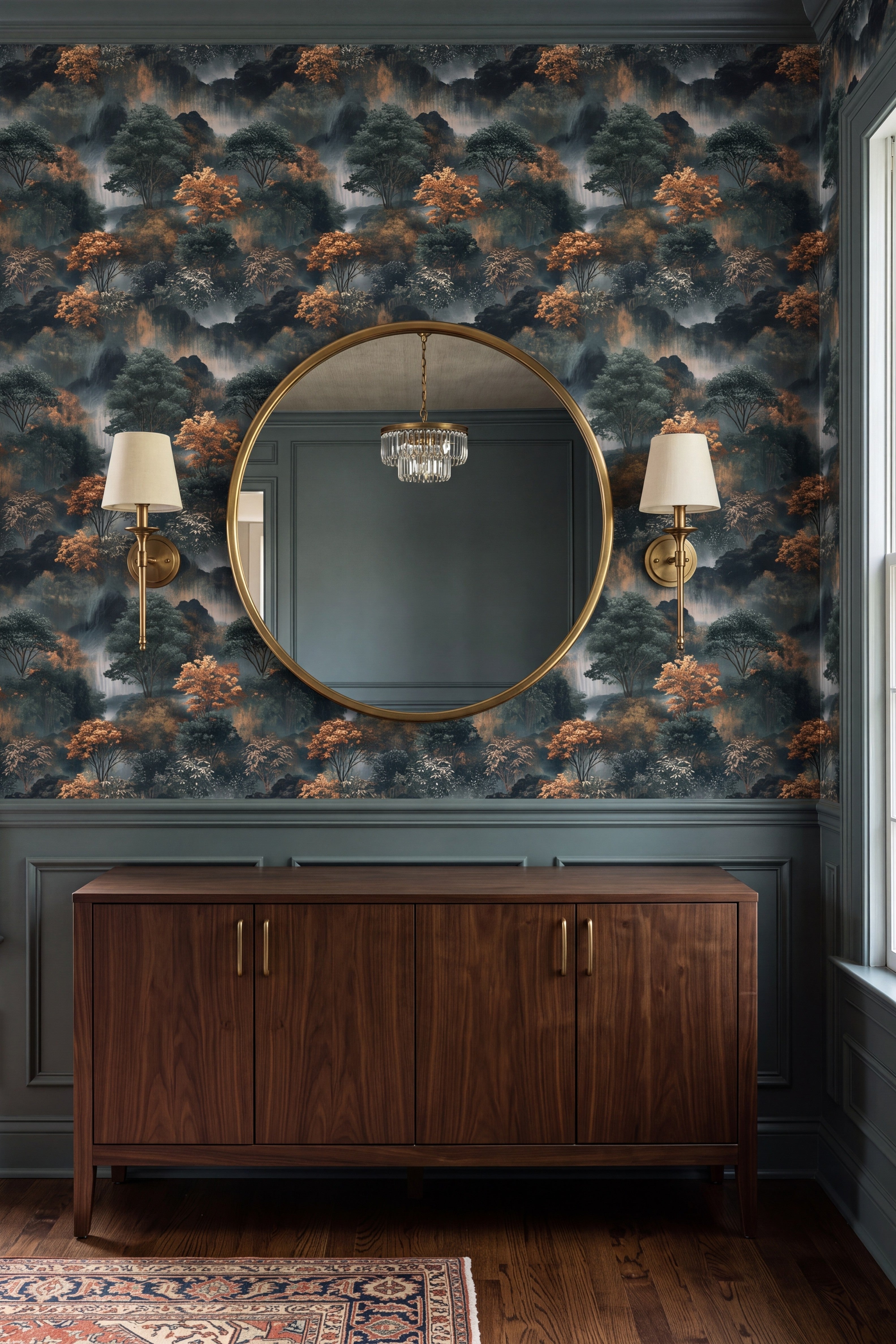 Amber maples over a misty gorge mural wallpaper in a dining room.