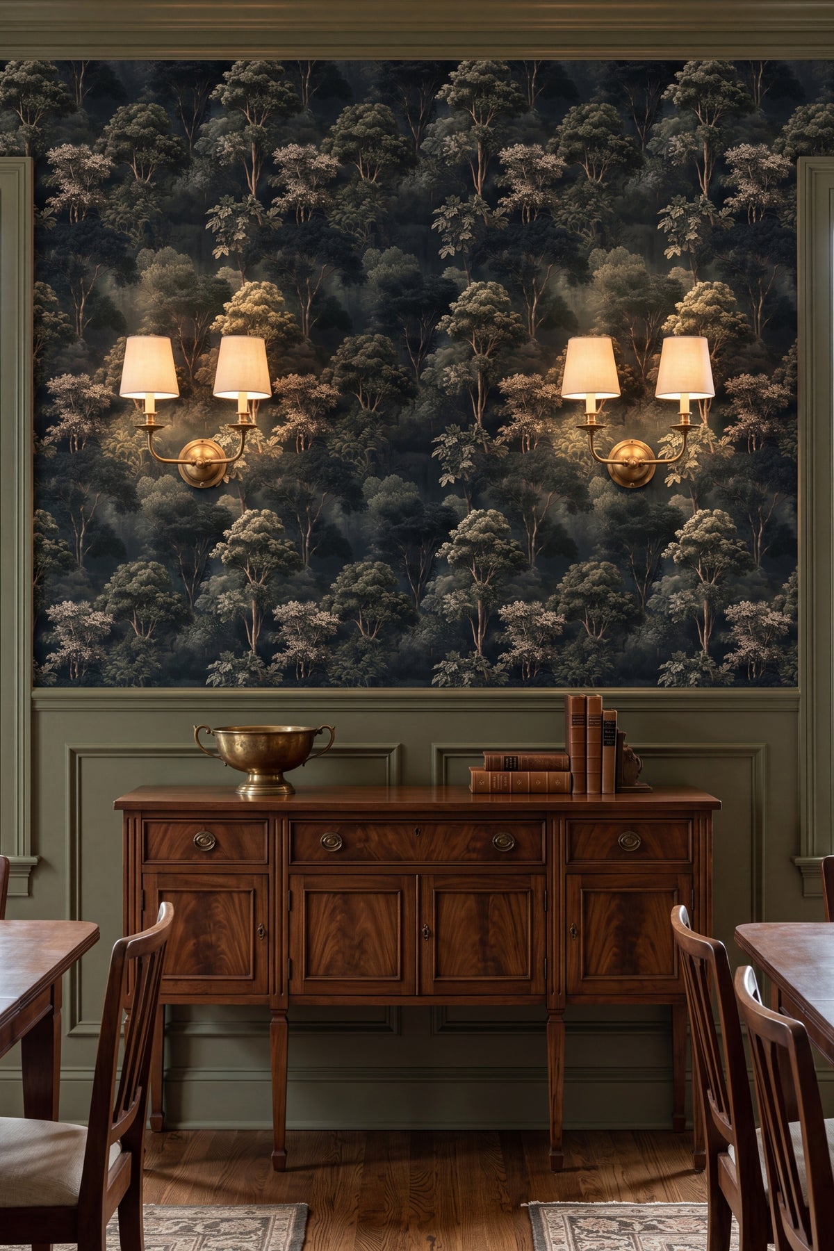 Stately olive and sage park trees mural wallpaper in a dining room.