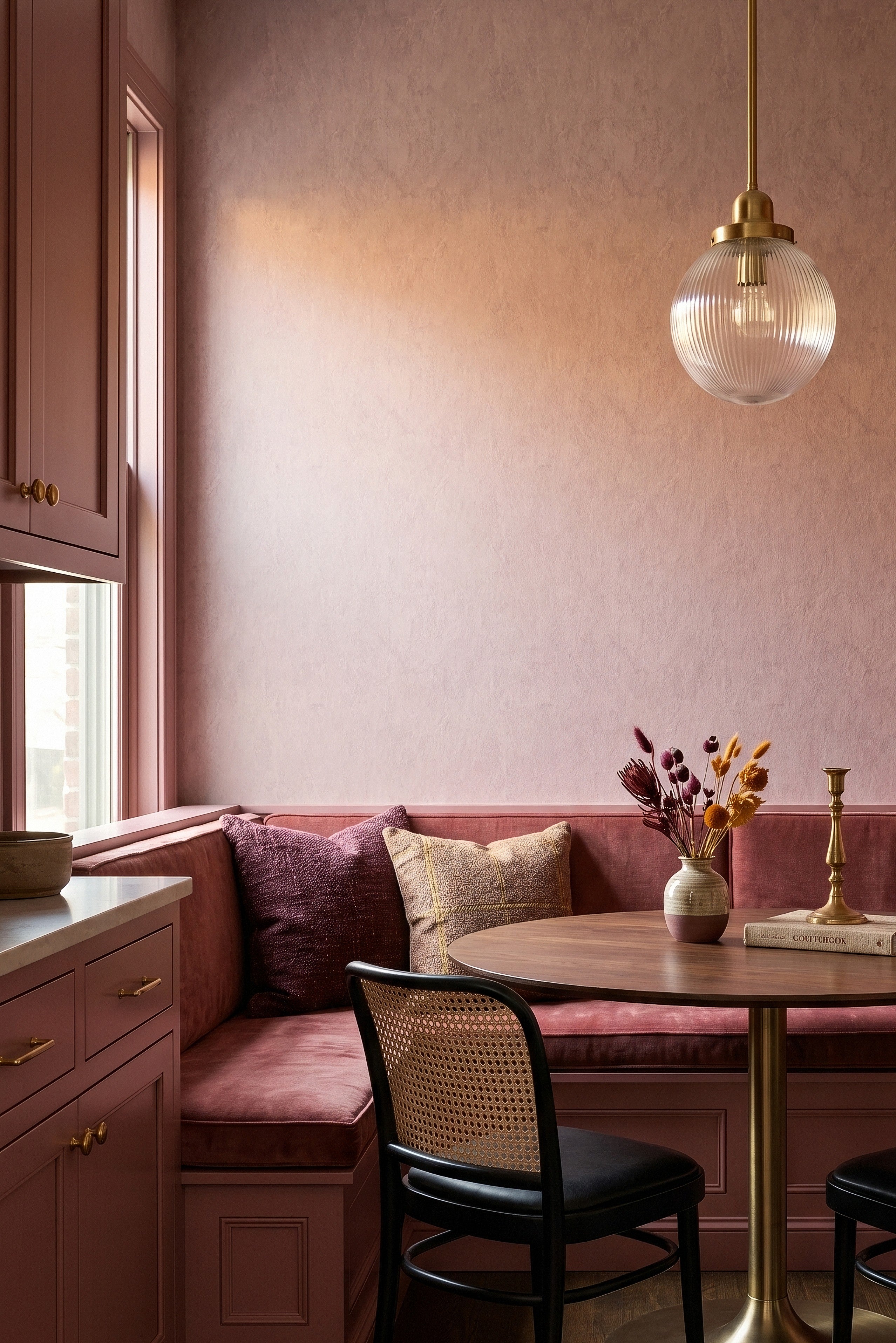 Soft blush-mauve limewash texture wallpaper in a cozy nook.