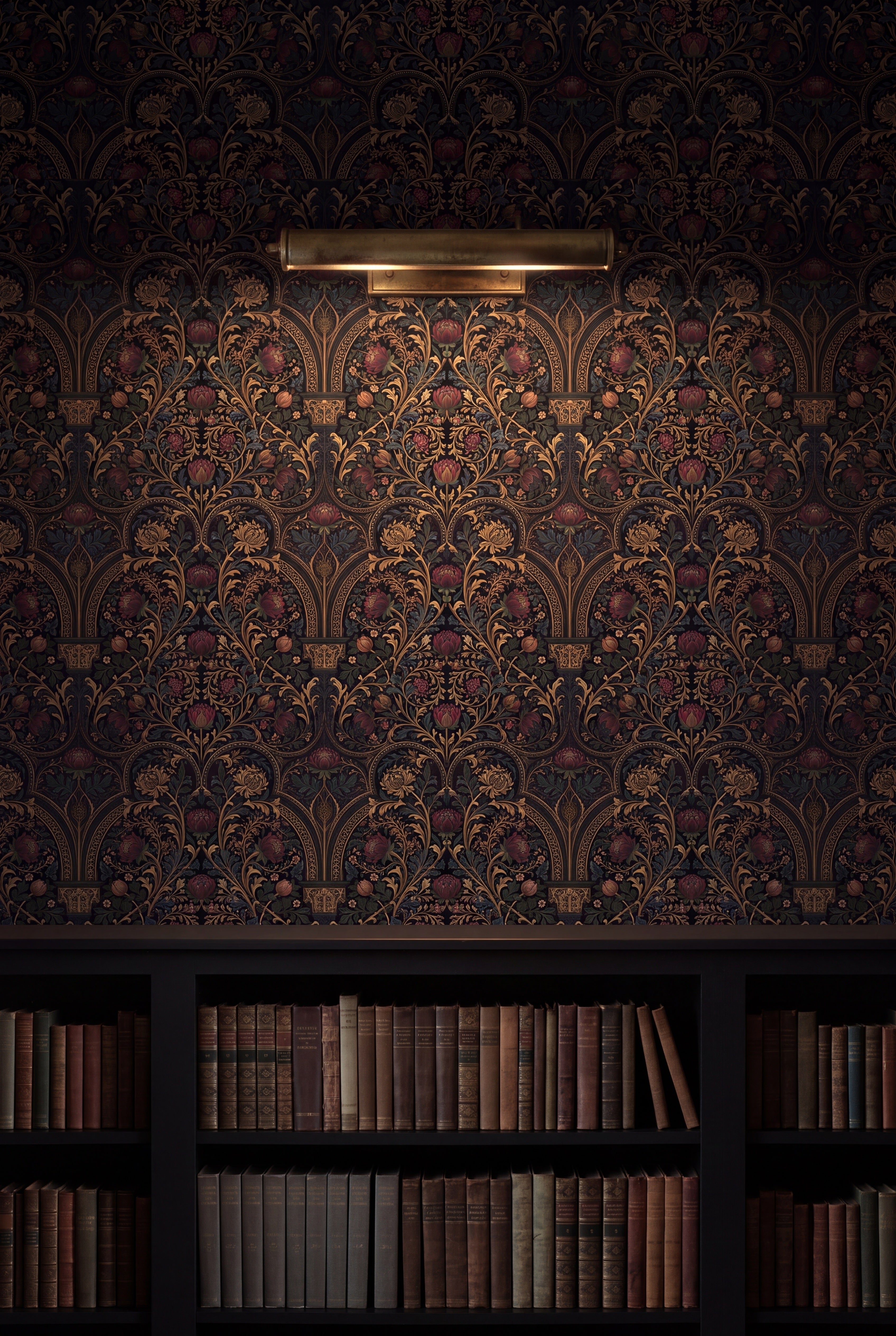 Cloister Vault wallpaper in burgundy, olive and charcoal on a library wall.