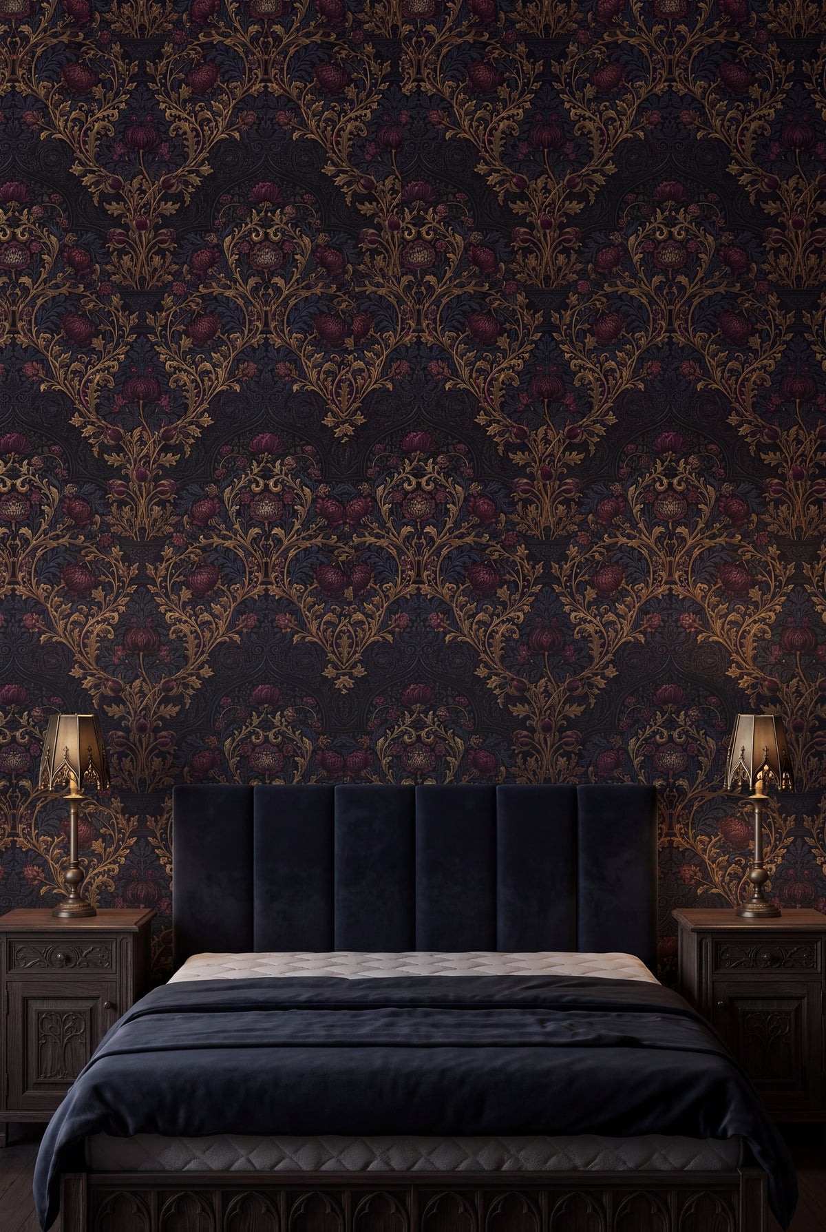 Abbey Gilt wallpaper in gold and charcoal on a bedroom wall.