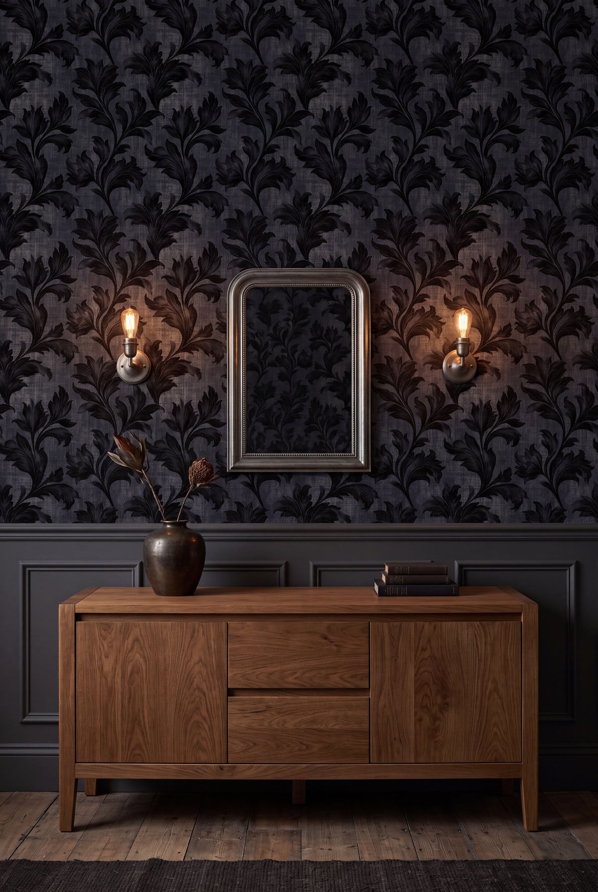 Nightfall Acanthus wallpaper in charcoal and black on linen on a dining wall.
