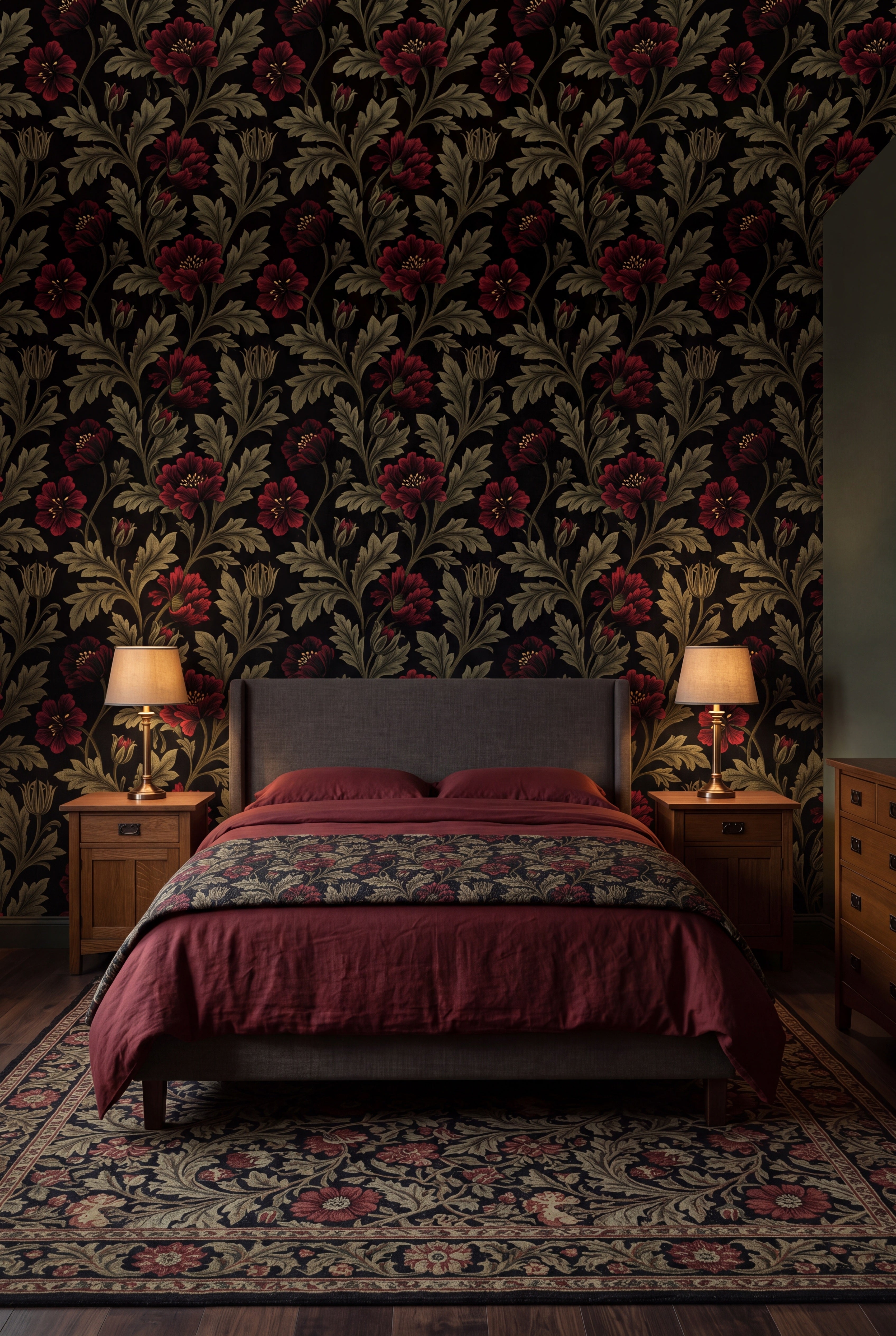 Ember Poppy wallpaper in crimson, olive and black on a bedroom wall.