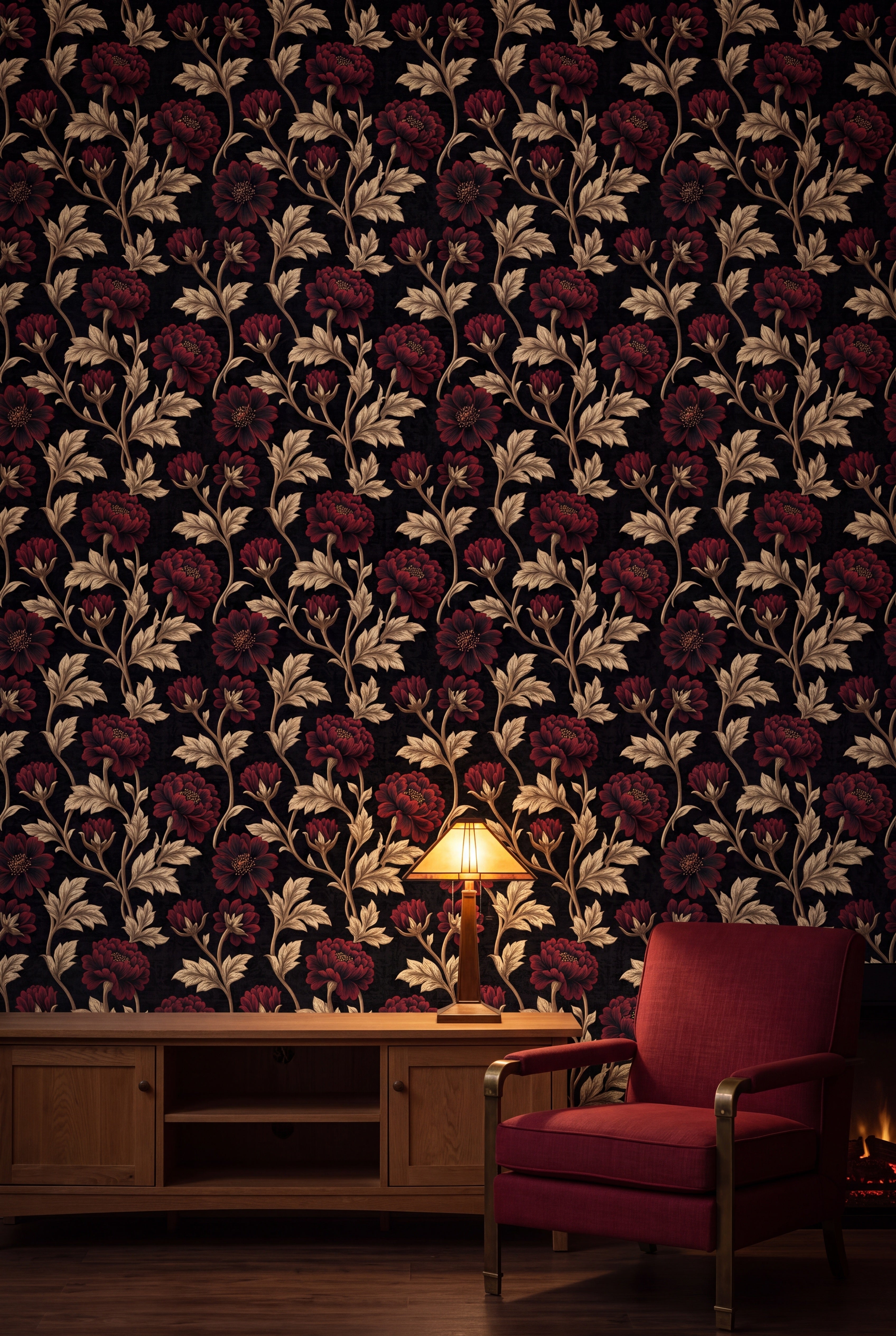Gilded Peony wallpaper in burgundy, gold and black on a living wall.