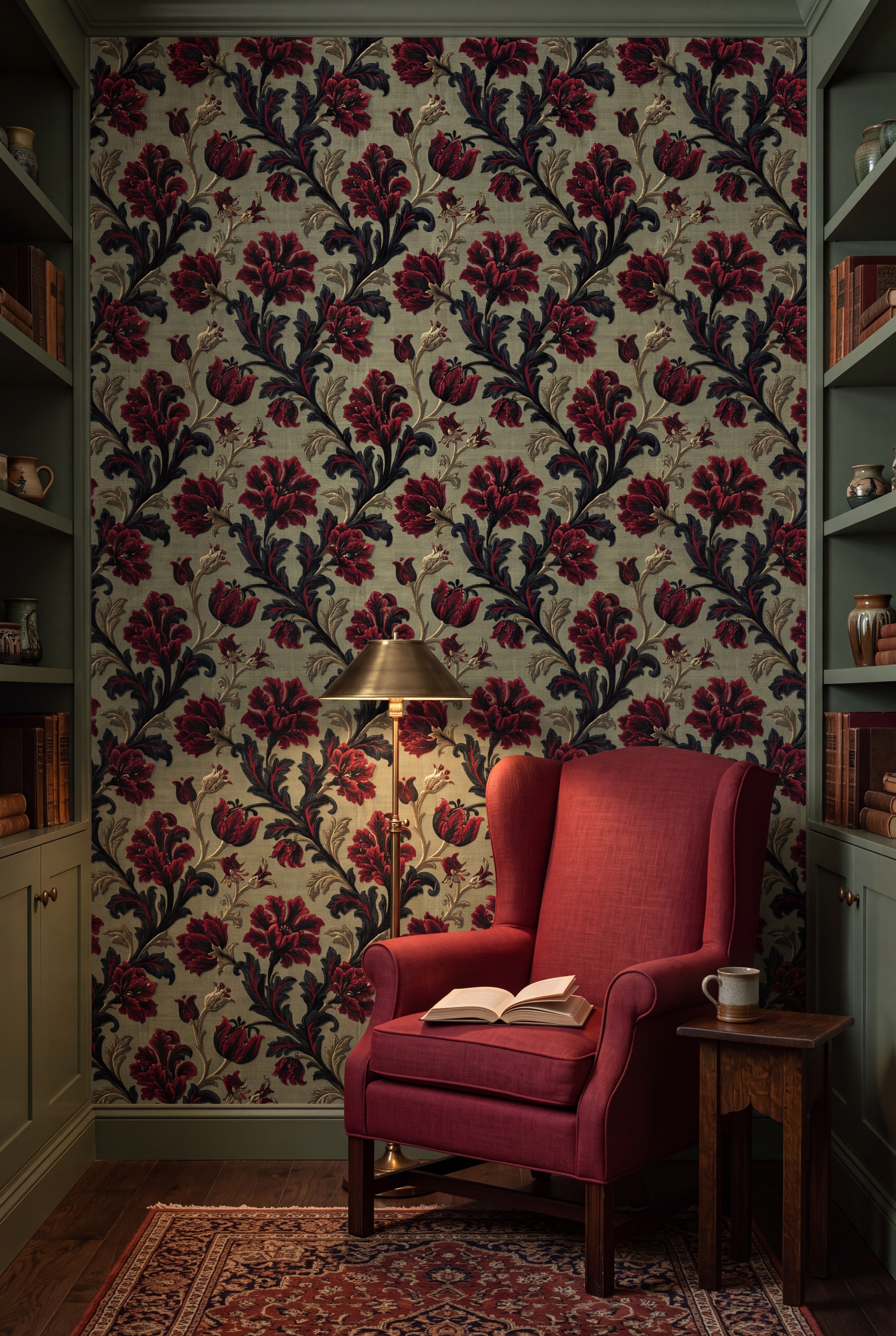 Sage Carnation wallpaper in crimson and navy on sage on a nook wall.