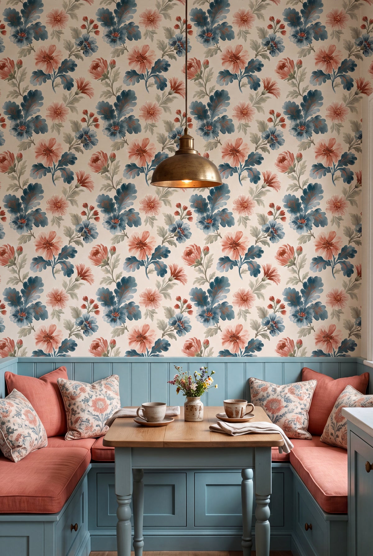 Dusty Cornflower wallpaper in coral, teal and cream on a banquette wall.