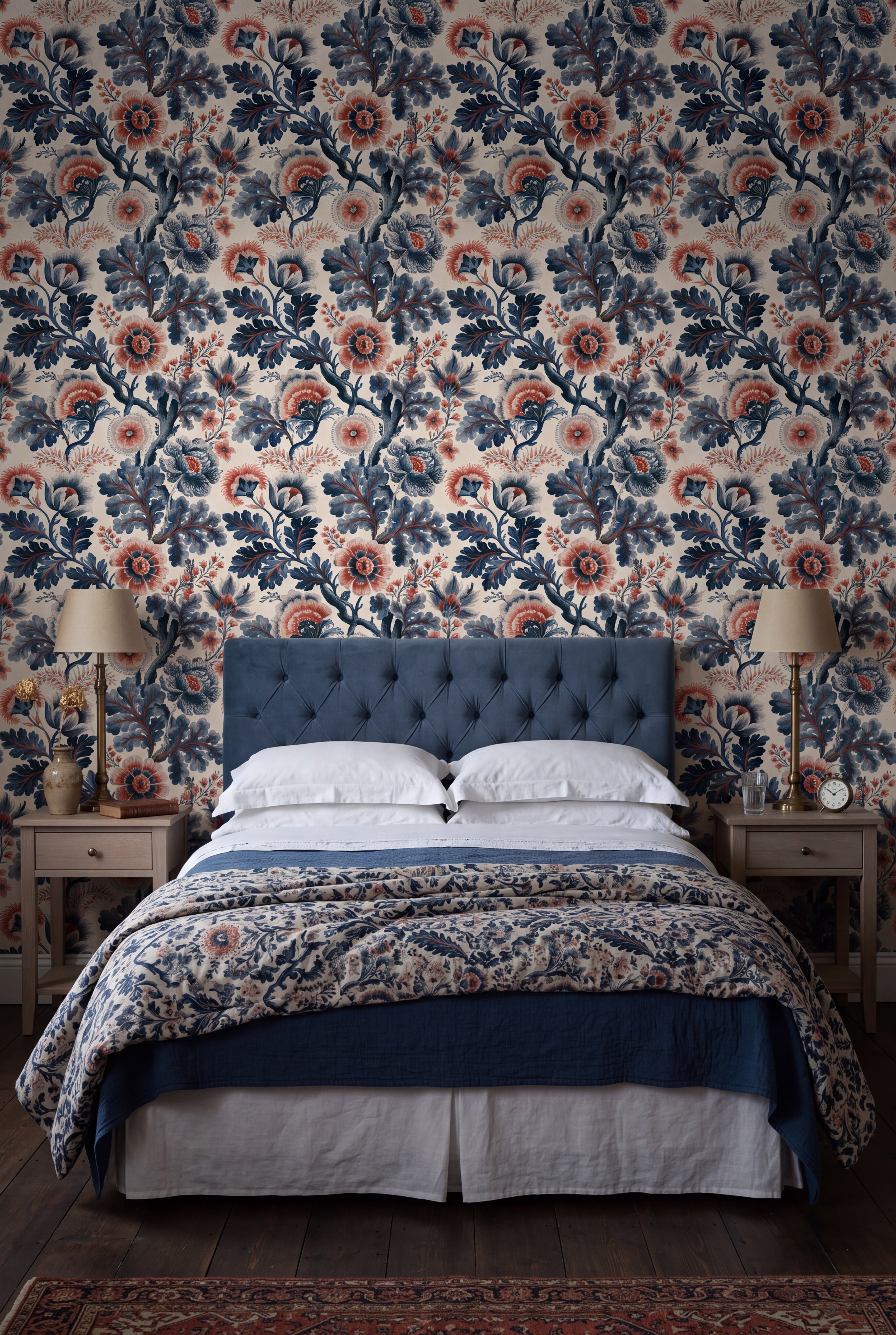 Jacobean Night wallpaper in indigo, coral and cream on a bedroom wall.