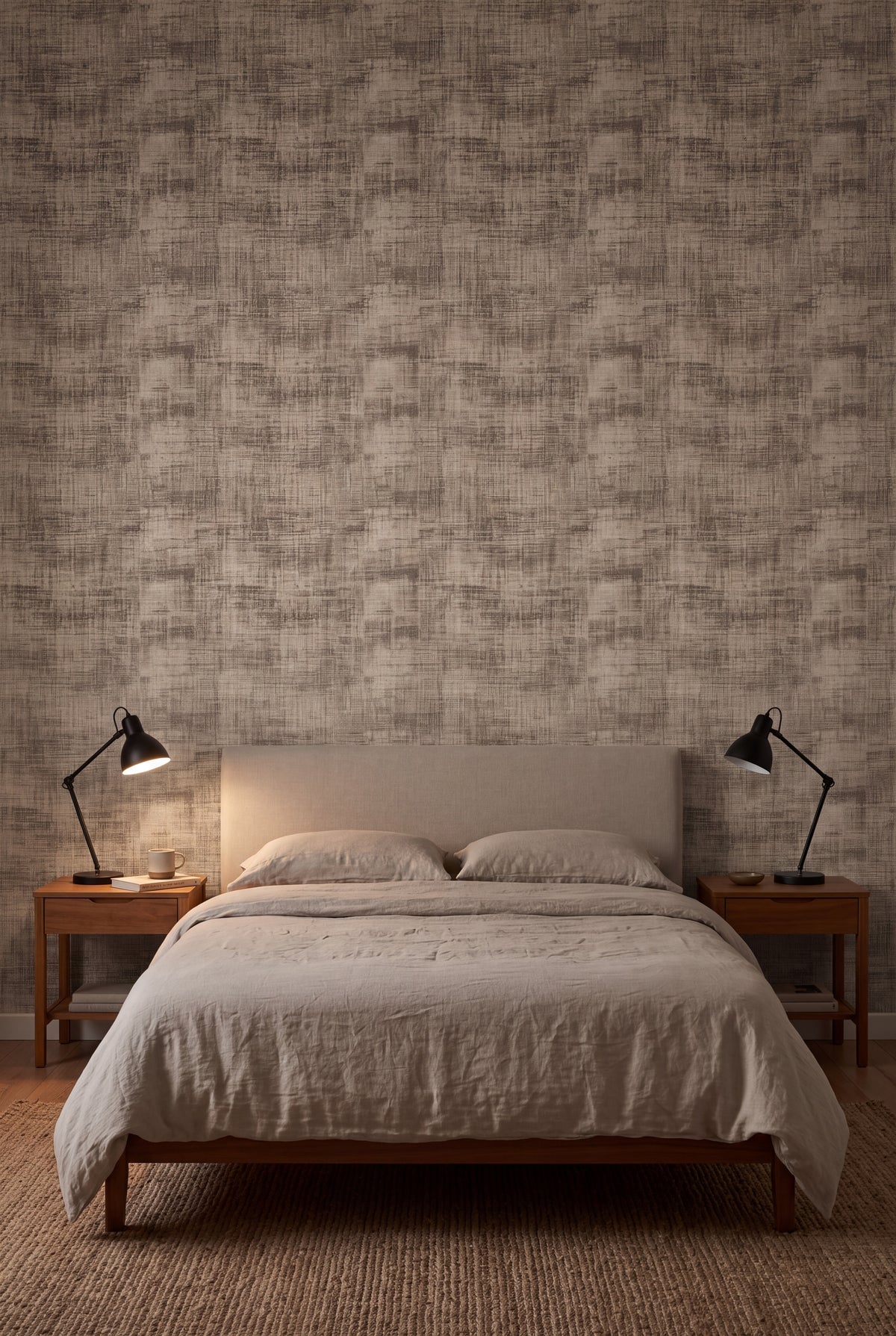 Plaster Drift wallpaper in beige, greige and charcoal on a bedroom wall.