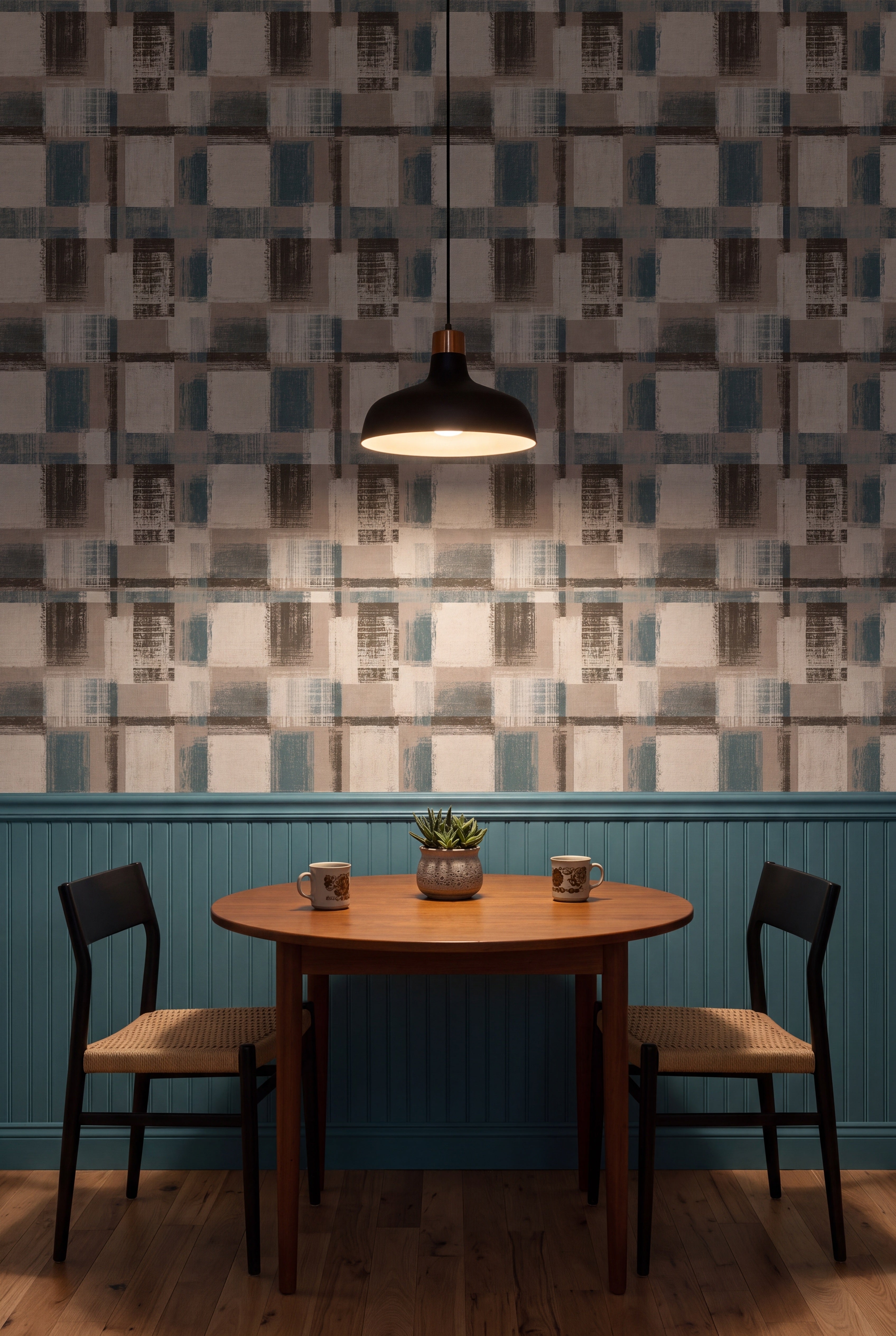 Harbor Check wallpaper in teal, cream and brown on a kitchen wall.