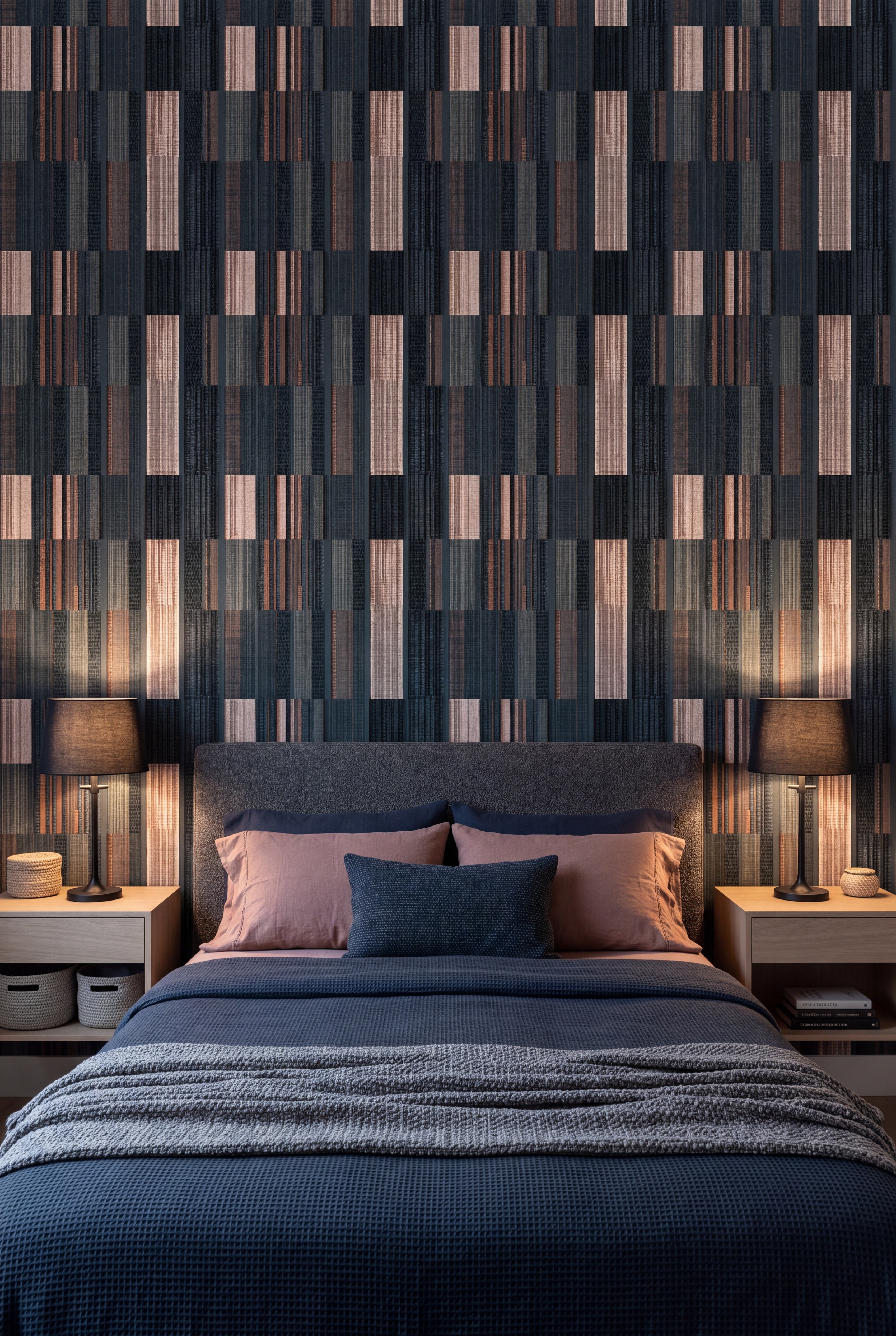 Cinder Ticking wallpaper in deep teal, navy and dusty blush on a bedroom wall.