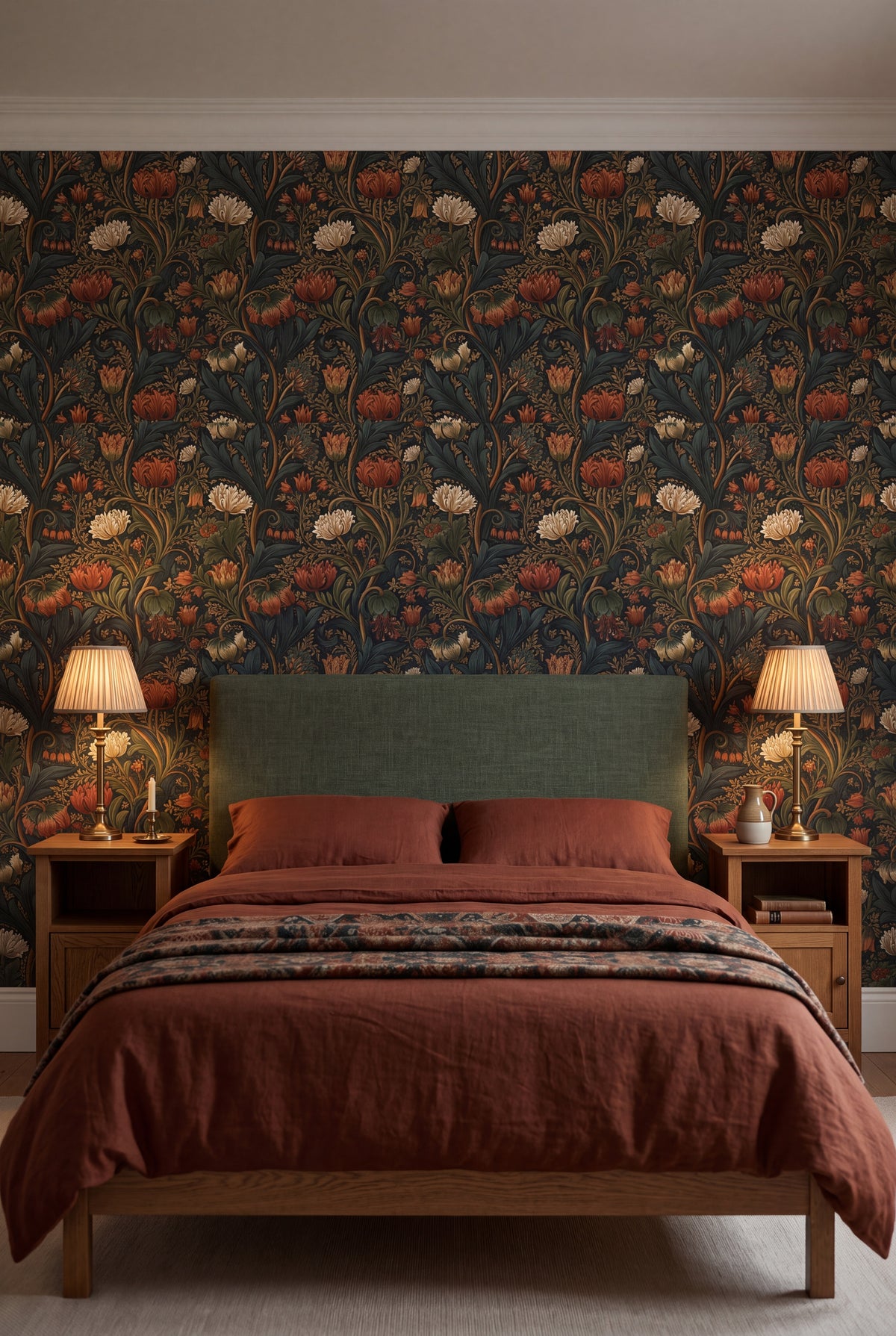 Ember Chrysanthemum wallpaper in burnt orange and cream on near black on a bedroom wall.