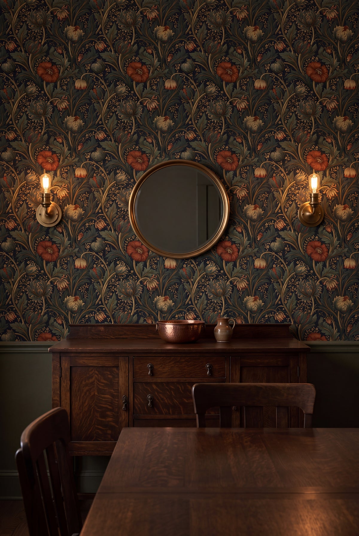 Amber Lily wallpaper in amber, olive and moss on near black on a dining wall.