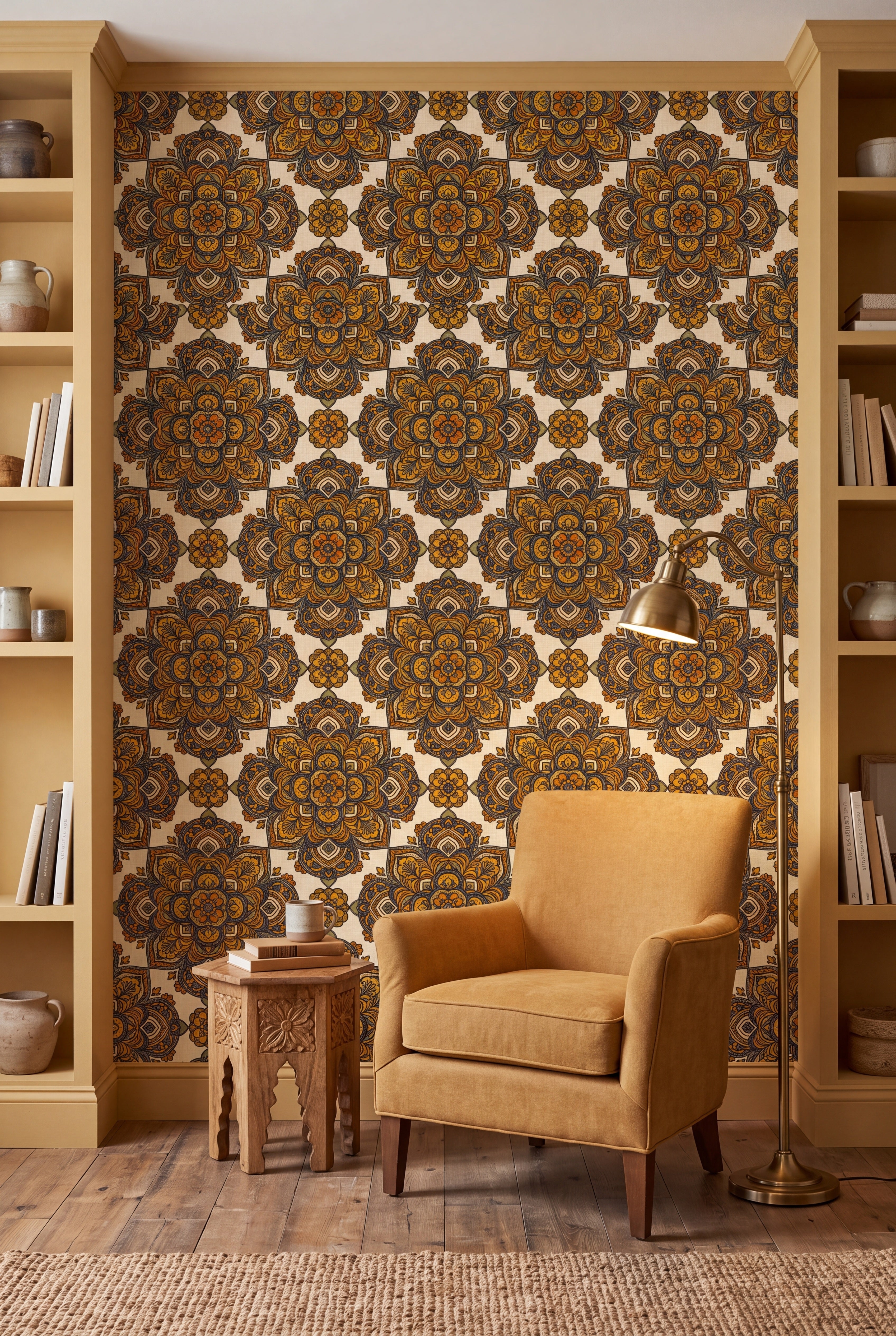 Saffron Mandala wallpaper in gold and slate blue on warm cream on a nook wall.