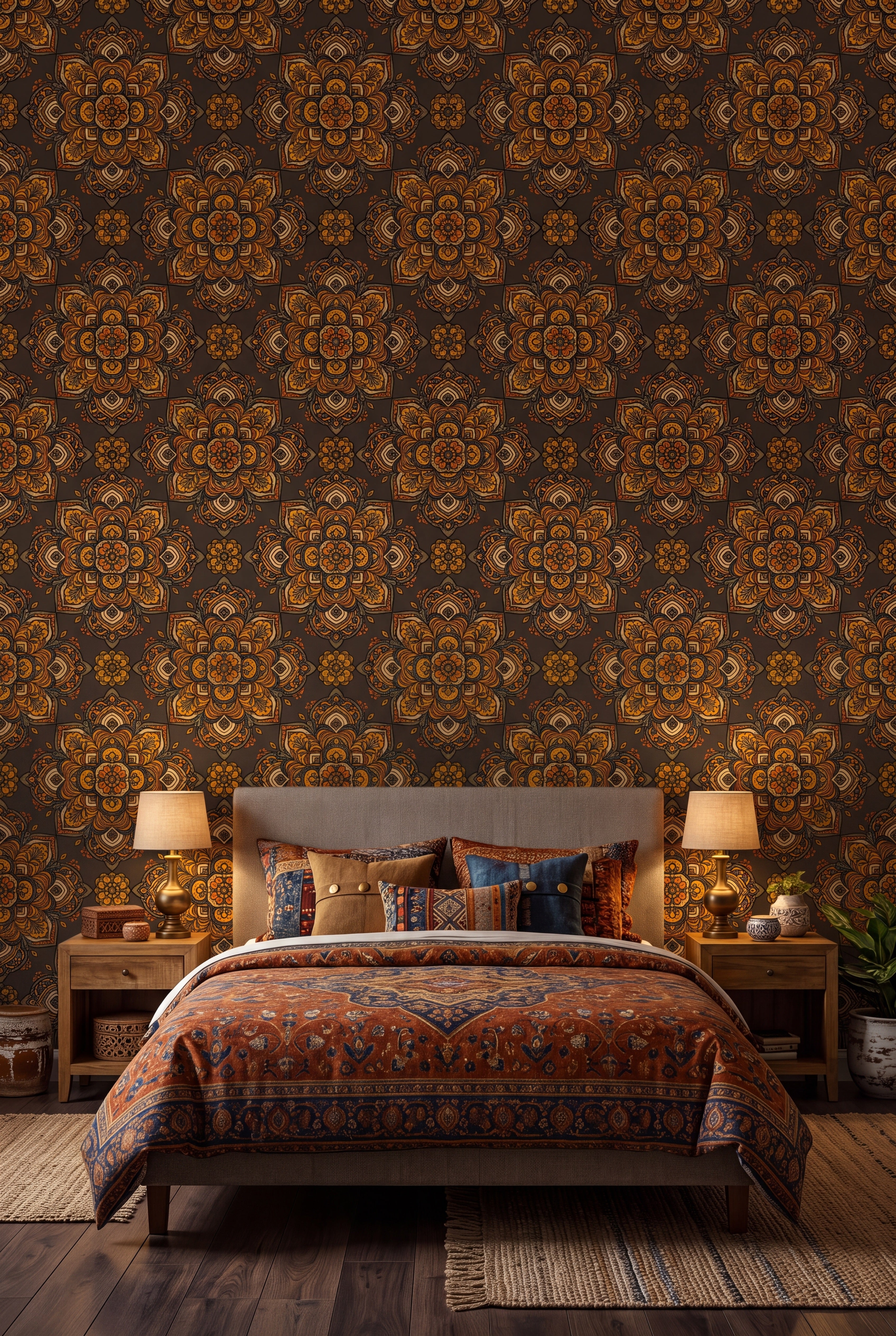 Marrakesh Medallion wallpaper in amber and gold on dark chocolate on a bedroom wall.