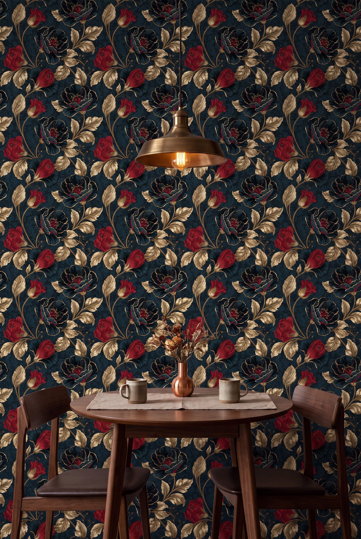 Gilded Poppy wallpaper in gold, crimson and cream on deep teal on a kitchen wall.
