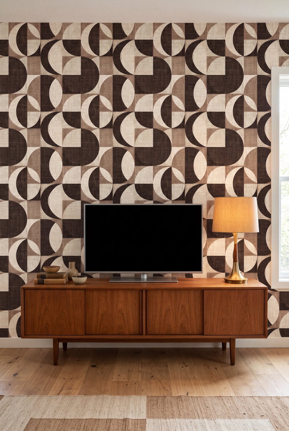 Cocoa Eclipse wallpaper in chocolate brown and cream on linen on a media wall.