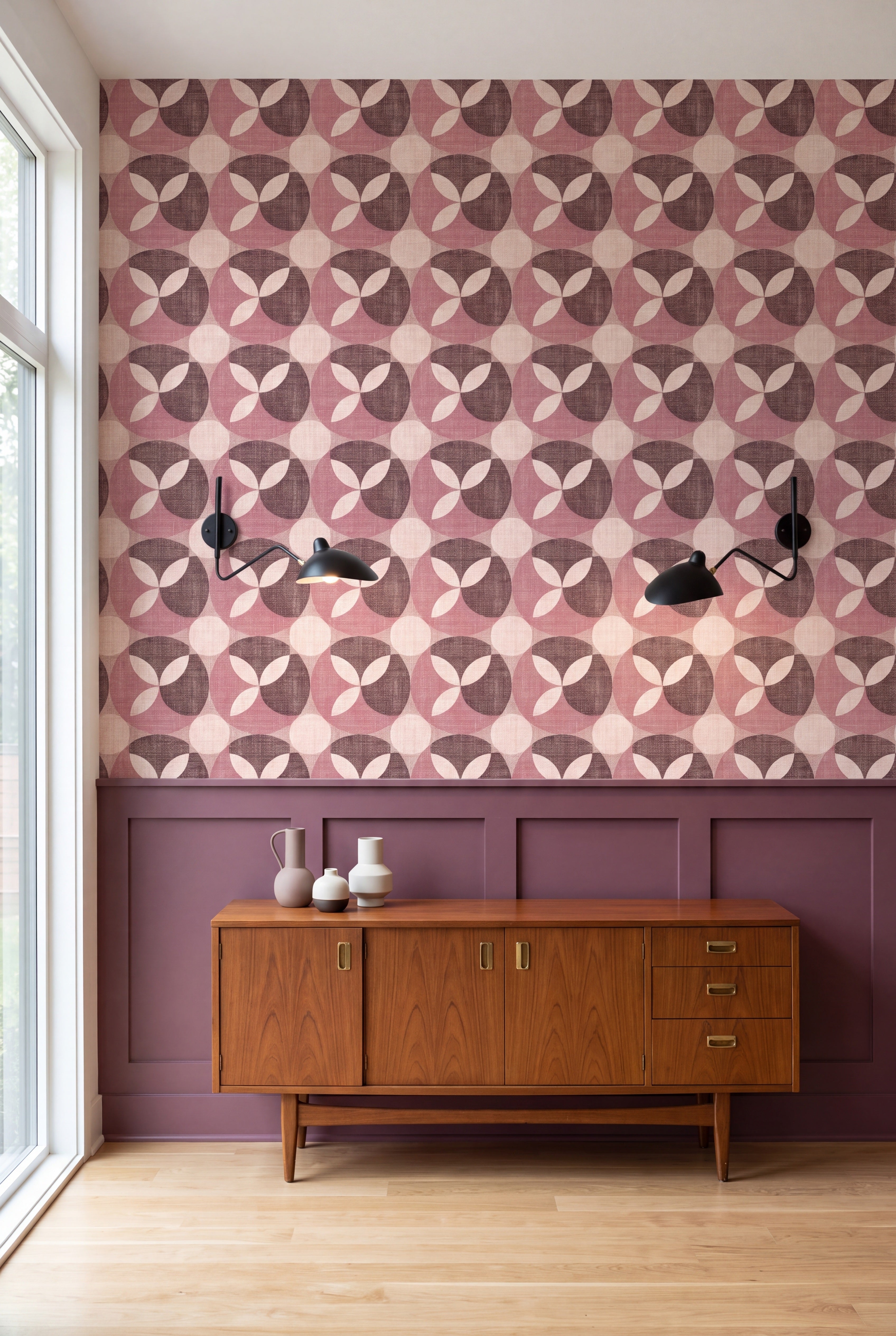 Rosewood Petal wallpaper in dusty rose, plum and blush on a dining wall.