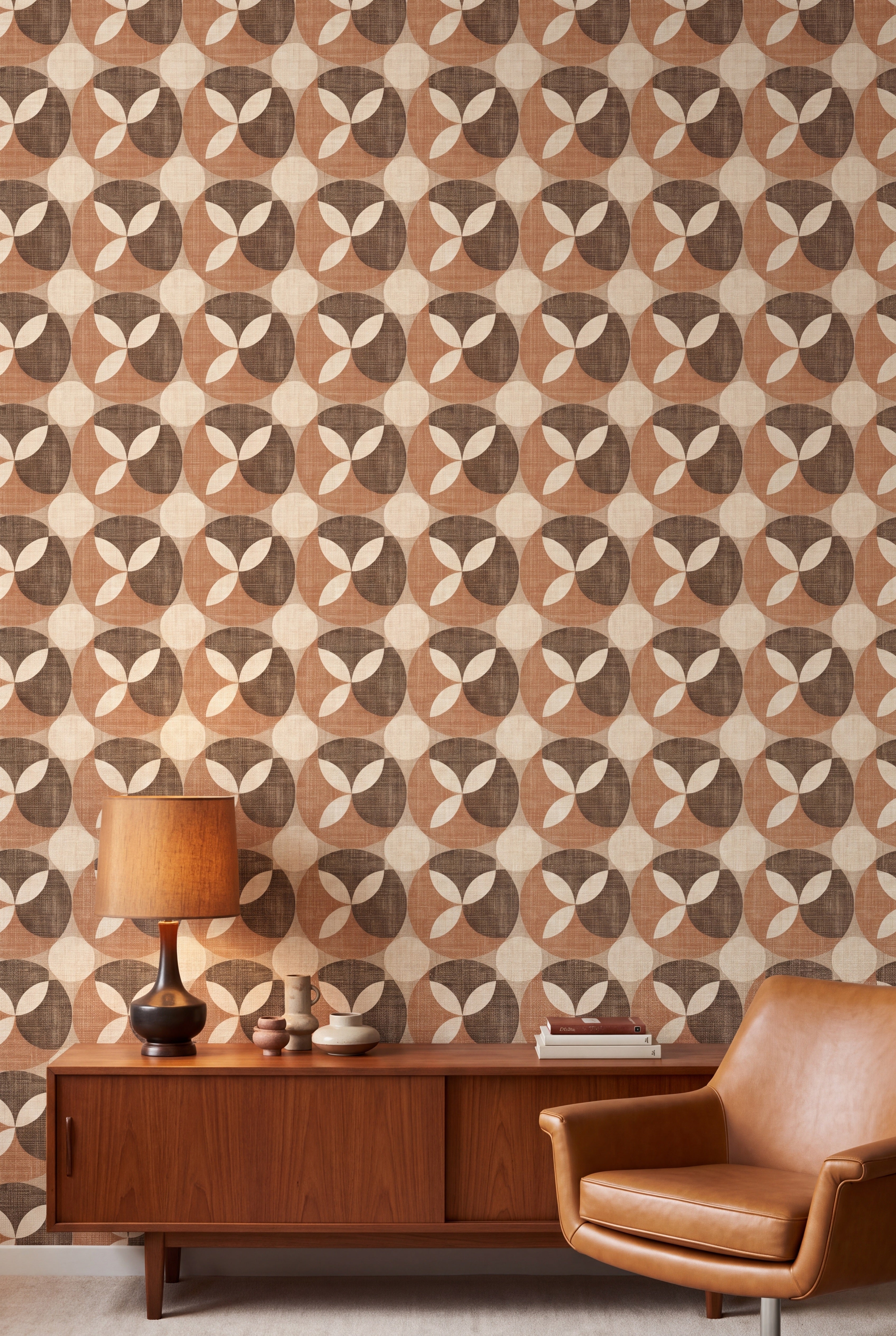 Caramel Petal wallpaper in caramel, chocolate and cream on a living wall.