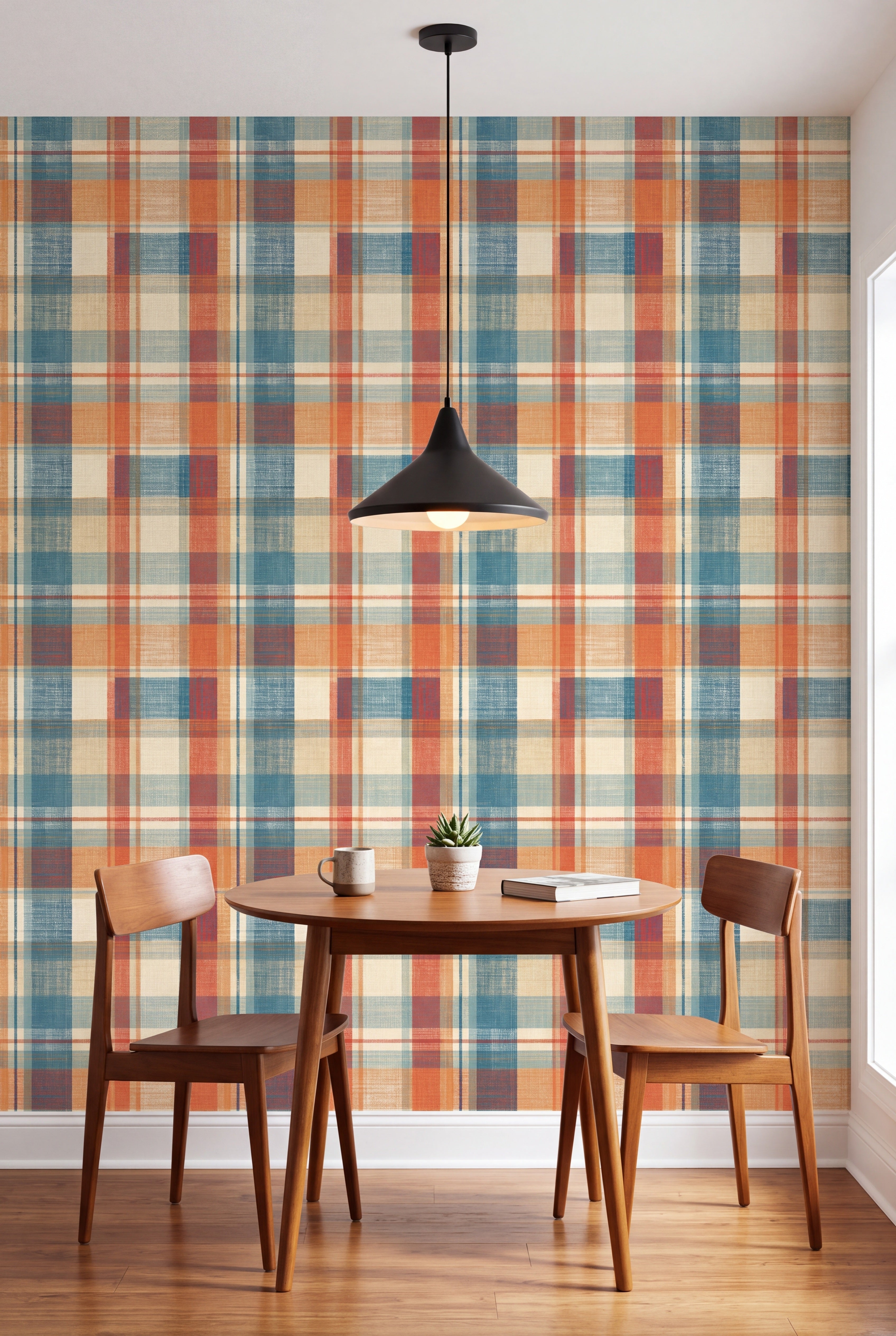 Camp Plaid wallpaper in denim blue, rust orange and cream on a kitchen wall.