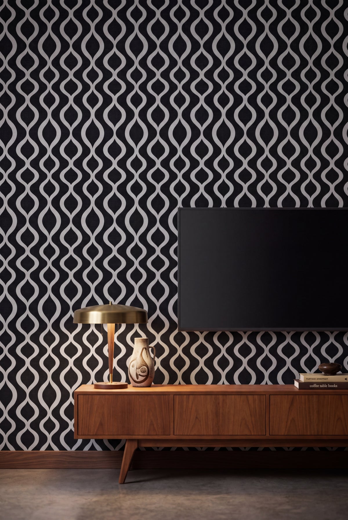 Onyx Pendulum wallpaper in pale grey on black linen on a media wall.