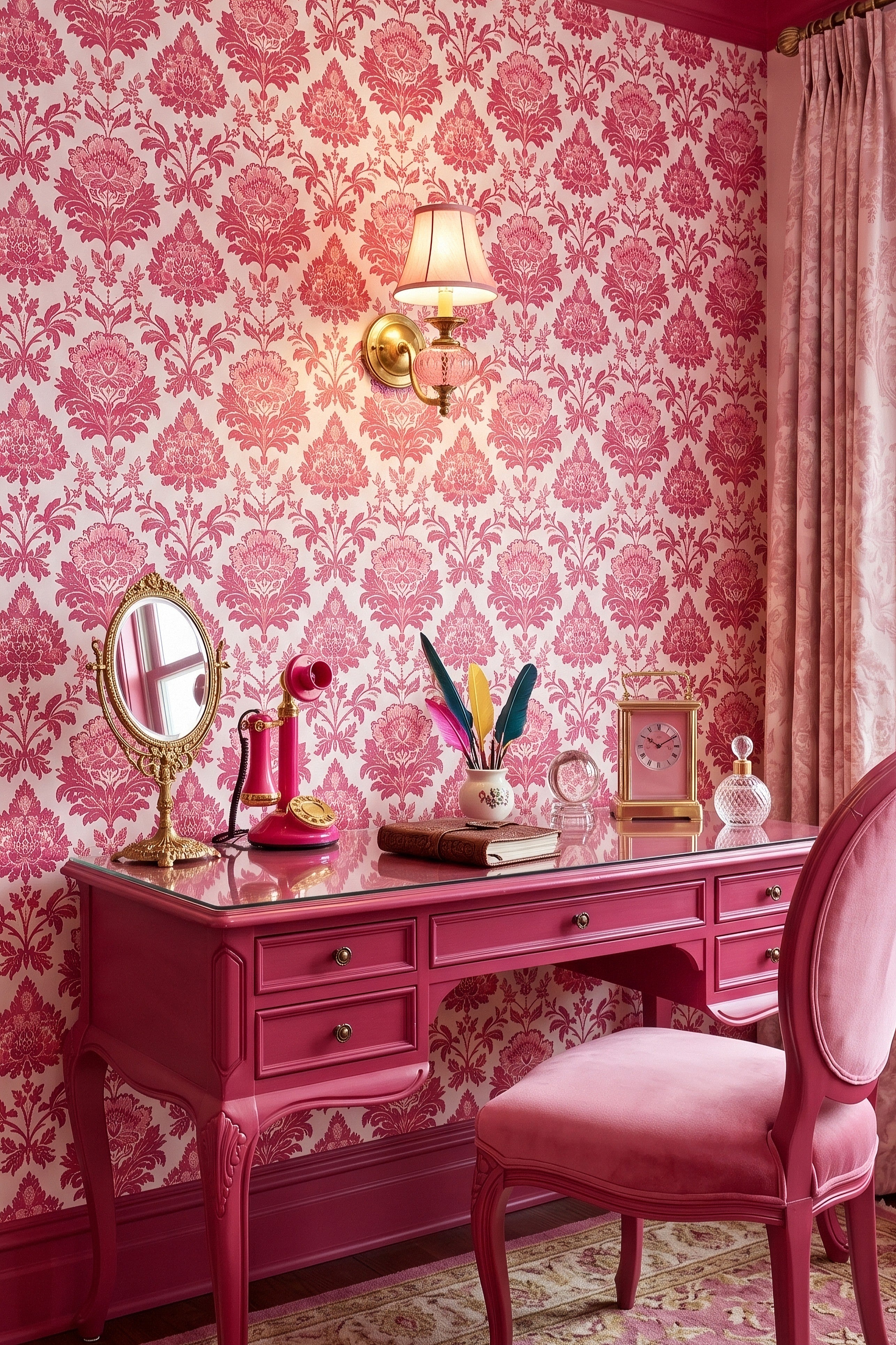 Ornate Victorian flourishes in soft pink on white wallpaper in a home office.
