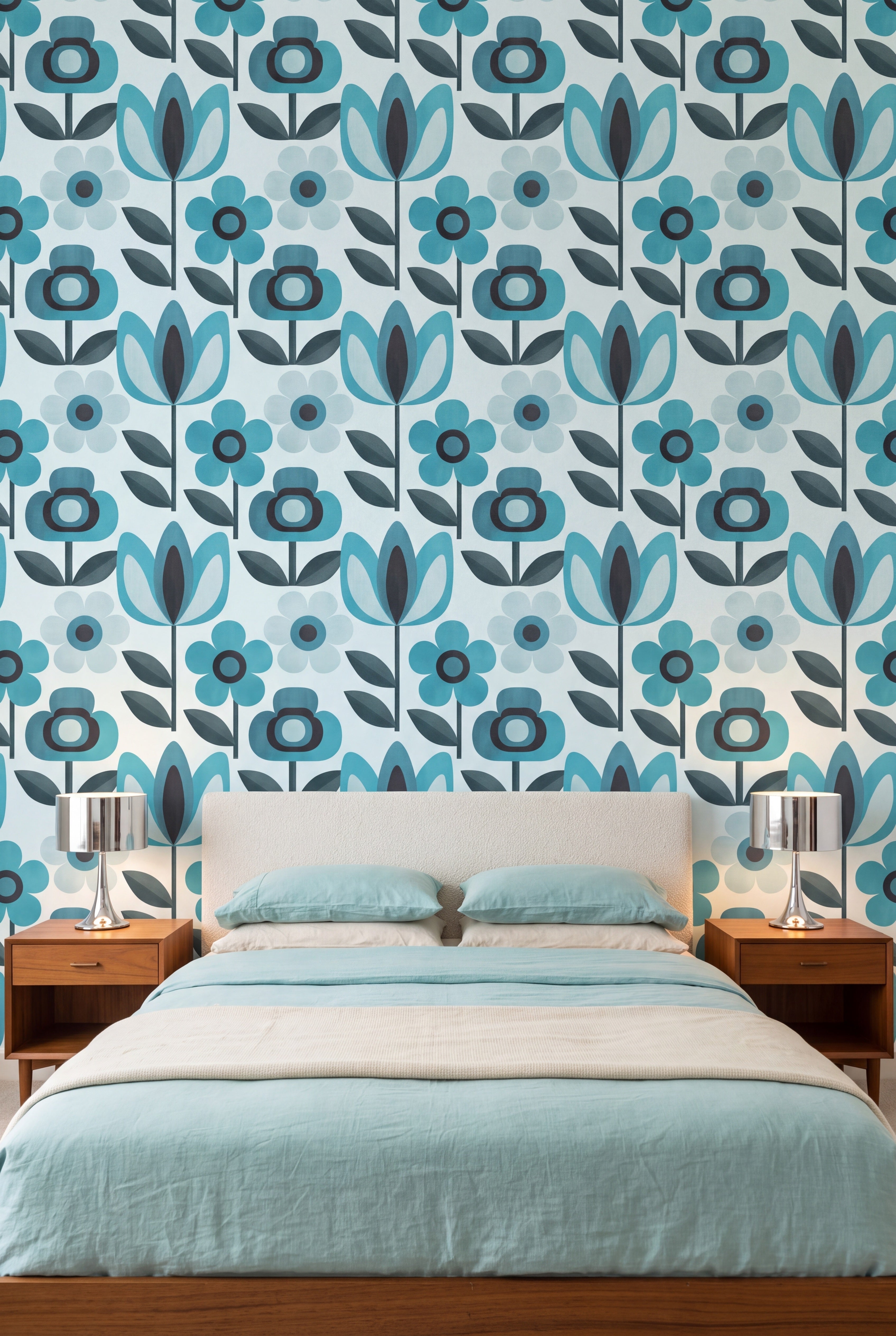 Aqua Daisy wallpaper in teal and aqua on pale ice blue on a bedroom wall.