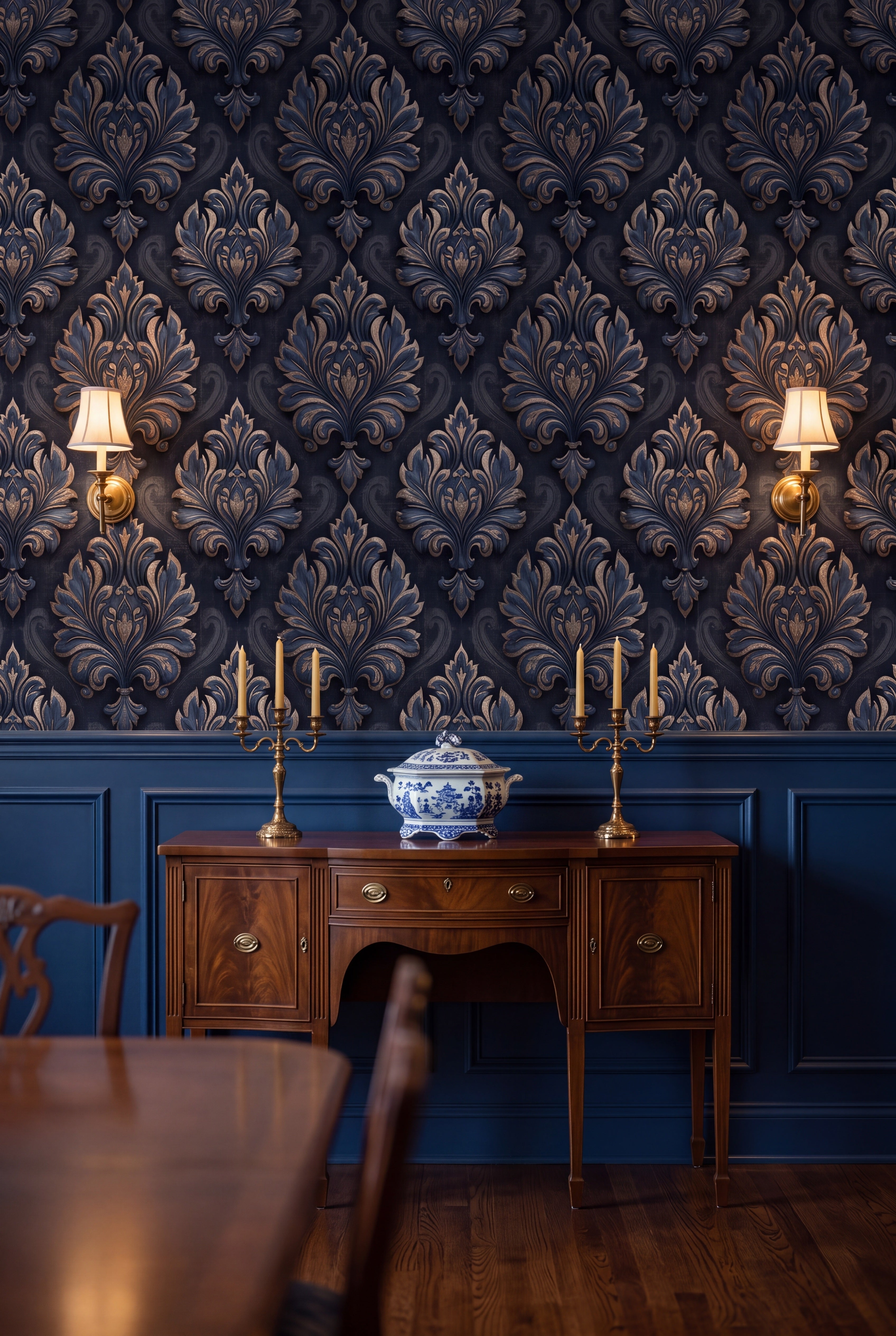 Sapphire Damask wallpaper in sapphire blue and antique gold on a dining wall.
