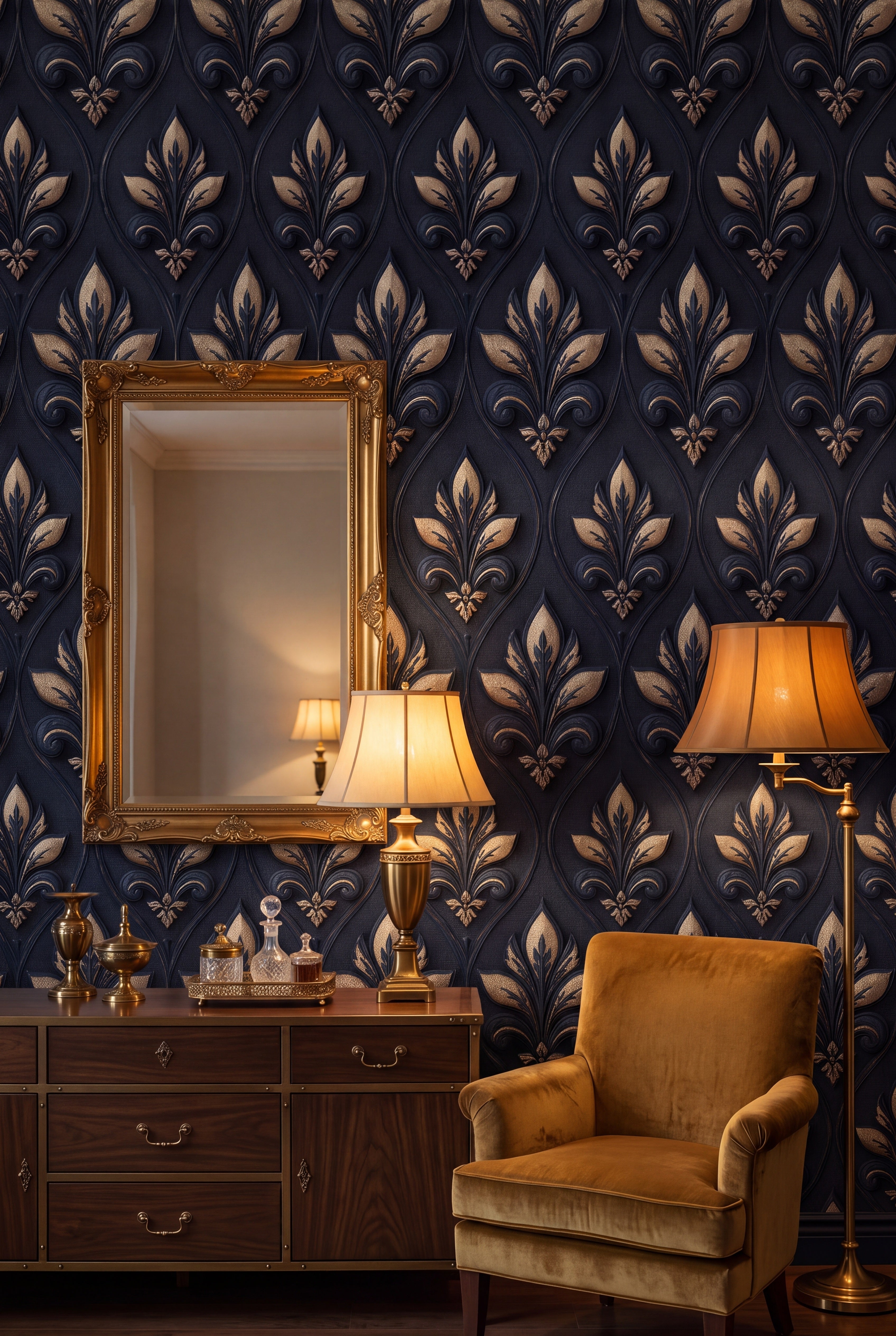 Sapphire Fleur wallpaper in sapphire blue and antique gold on a living wall.