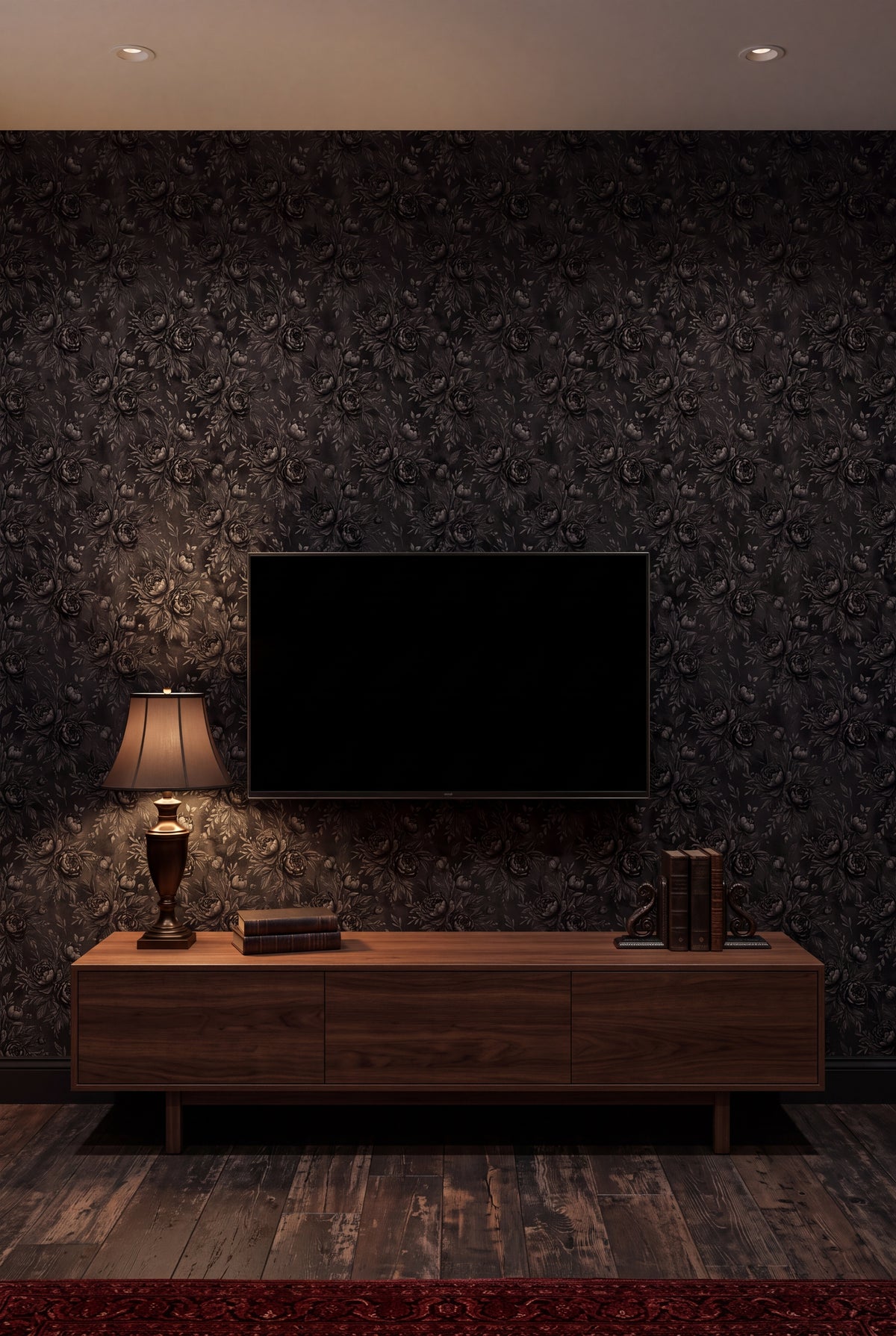 Ink Rose Relief wallpaper in black on black on a media wall.