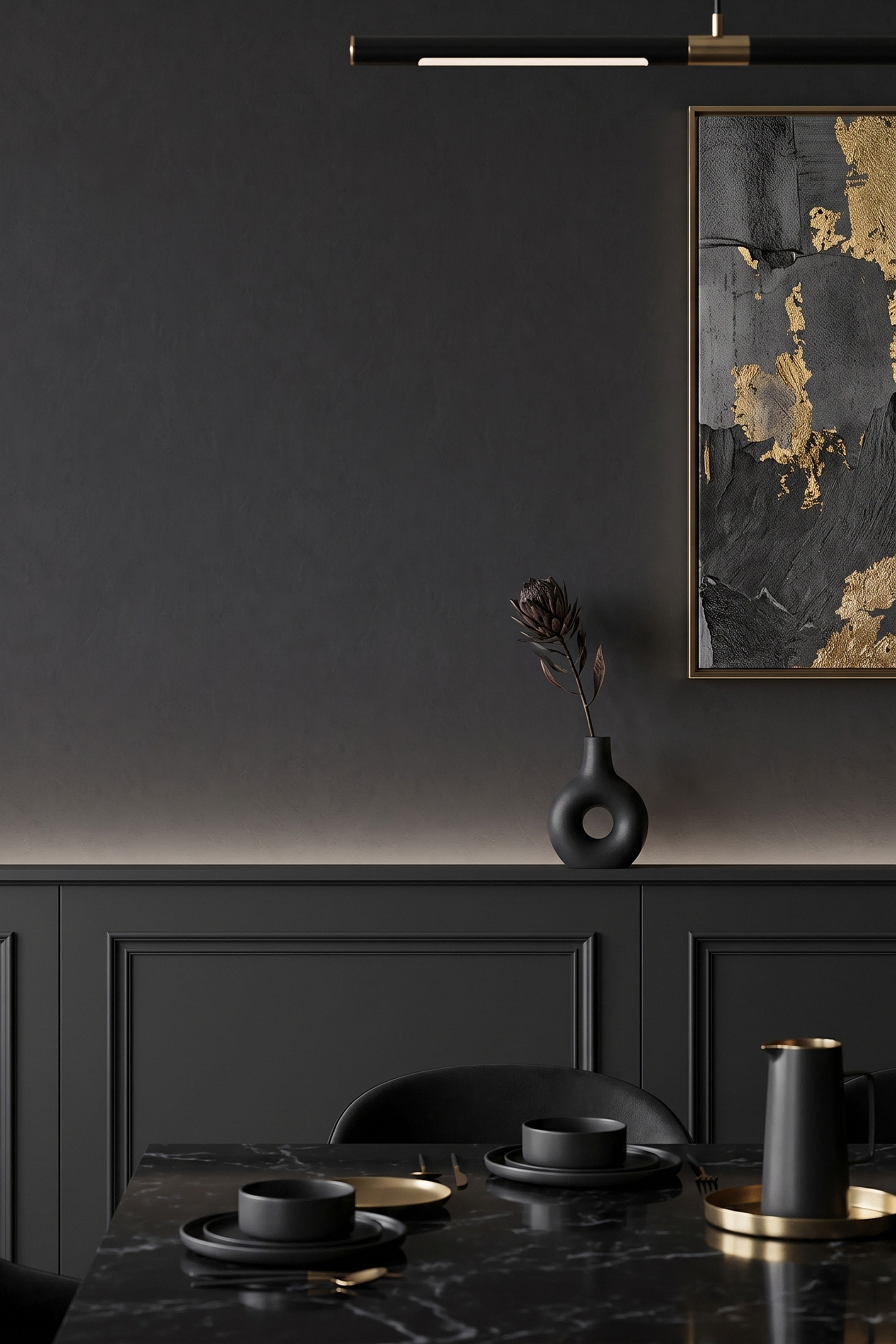Deep charcoal-black limewash wallpaper in a dining room.