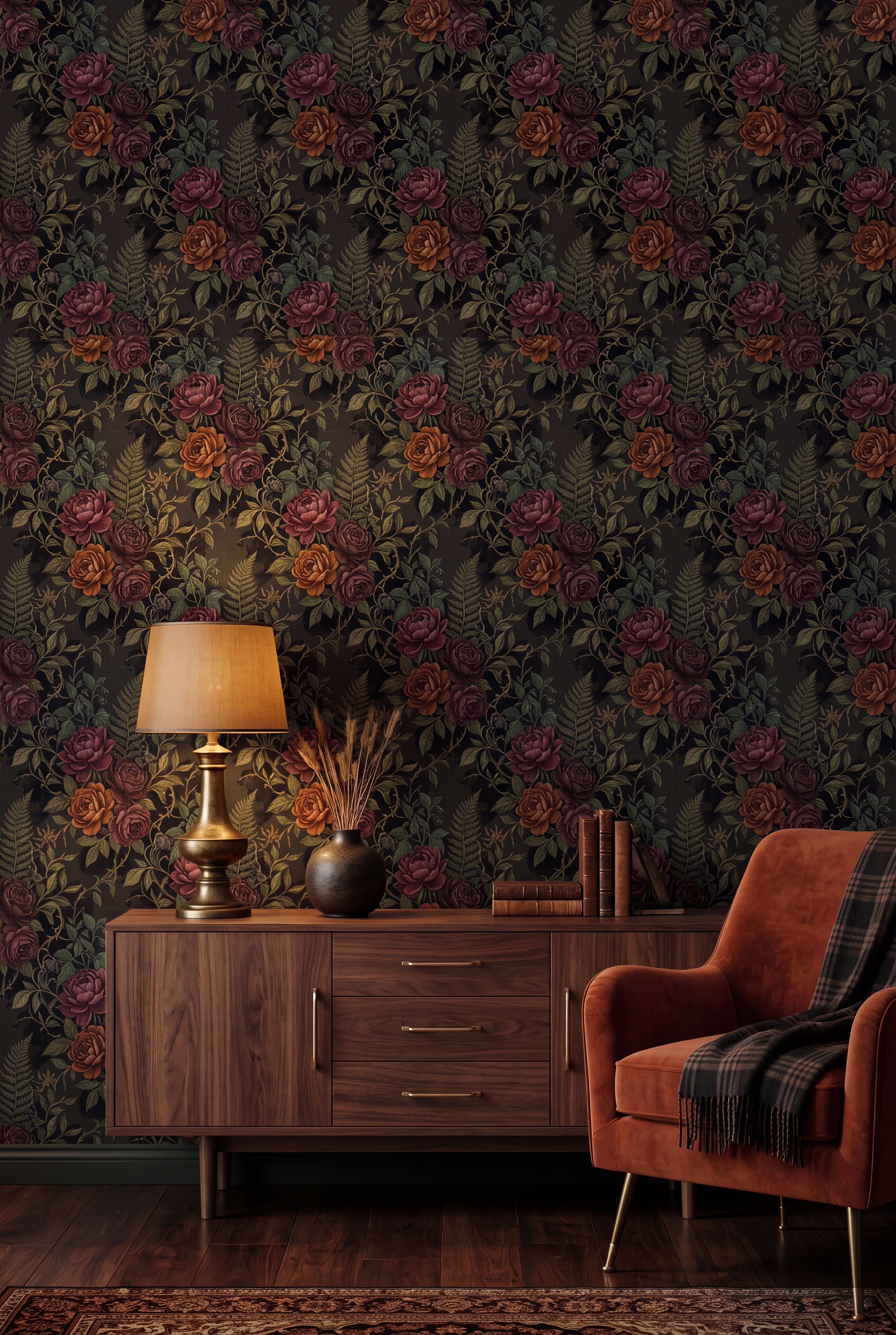 Ember Rose Fern wallpaper in rust, plum and olive on near black on a living wall.