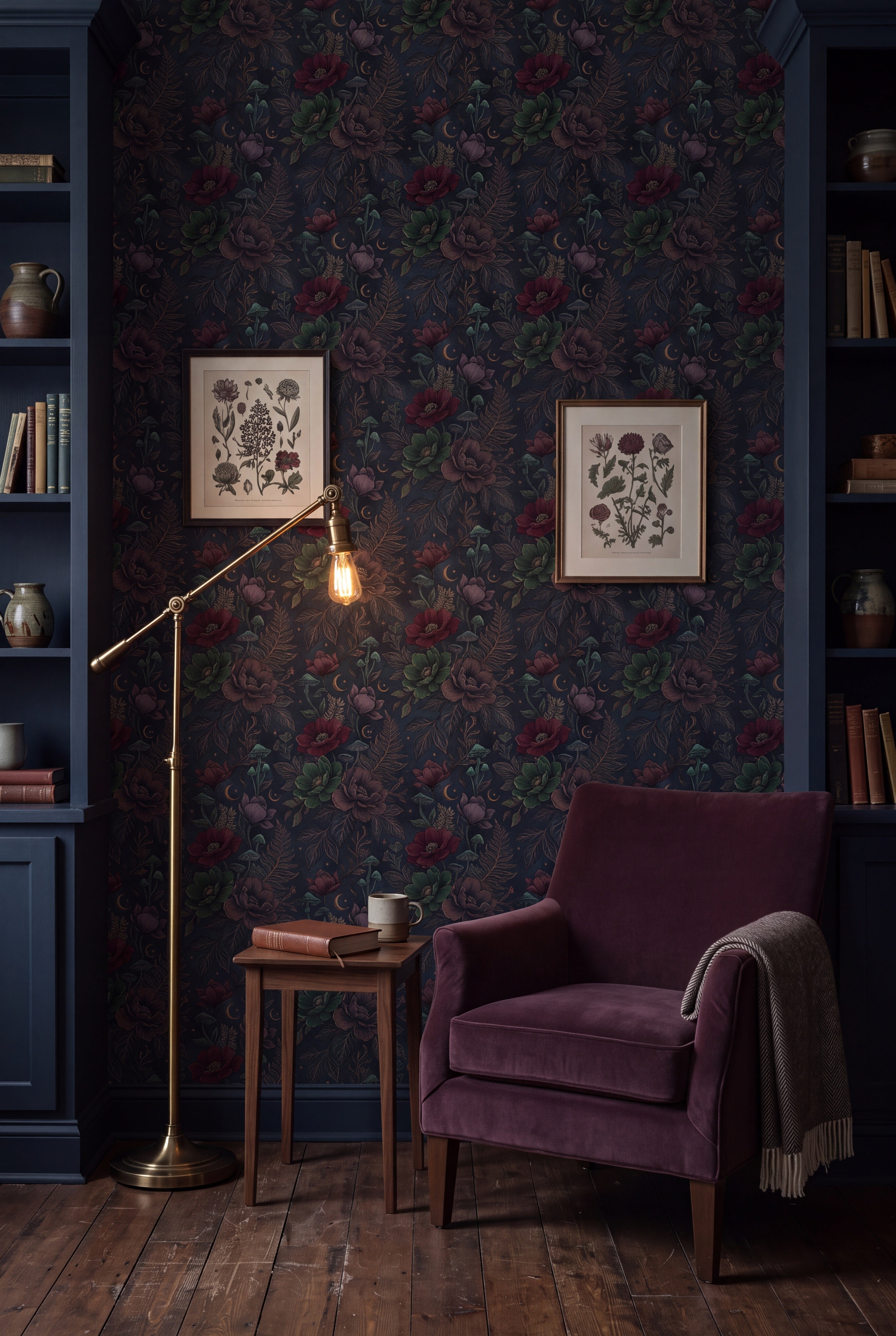 Moonlit Thicket wallpaper in plum, moss and pewter on midnight on a nook wall.