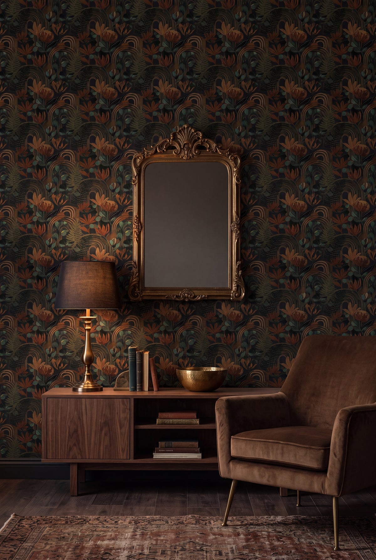 Umber Arbor wallpaper in umber, bronze and dark olive on a living wall.