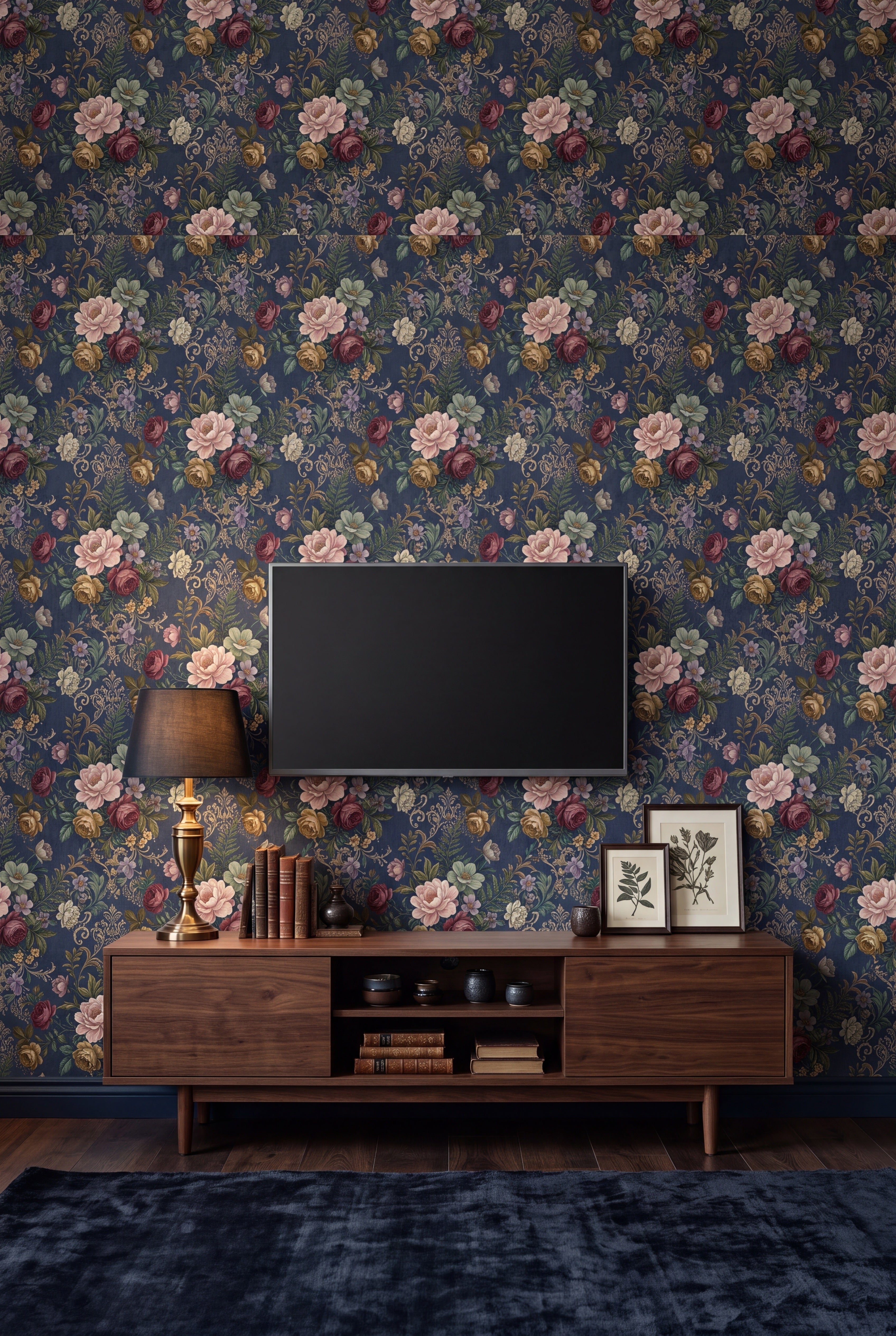 Indigo Chintz wallpaper in navy, blush and antique cream on a media wall.