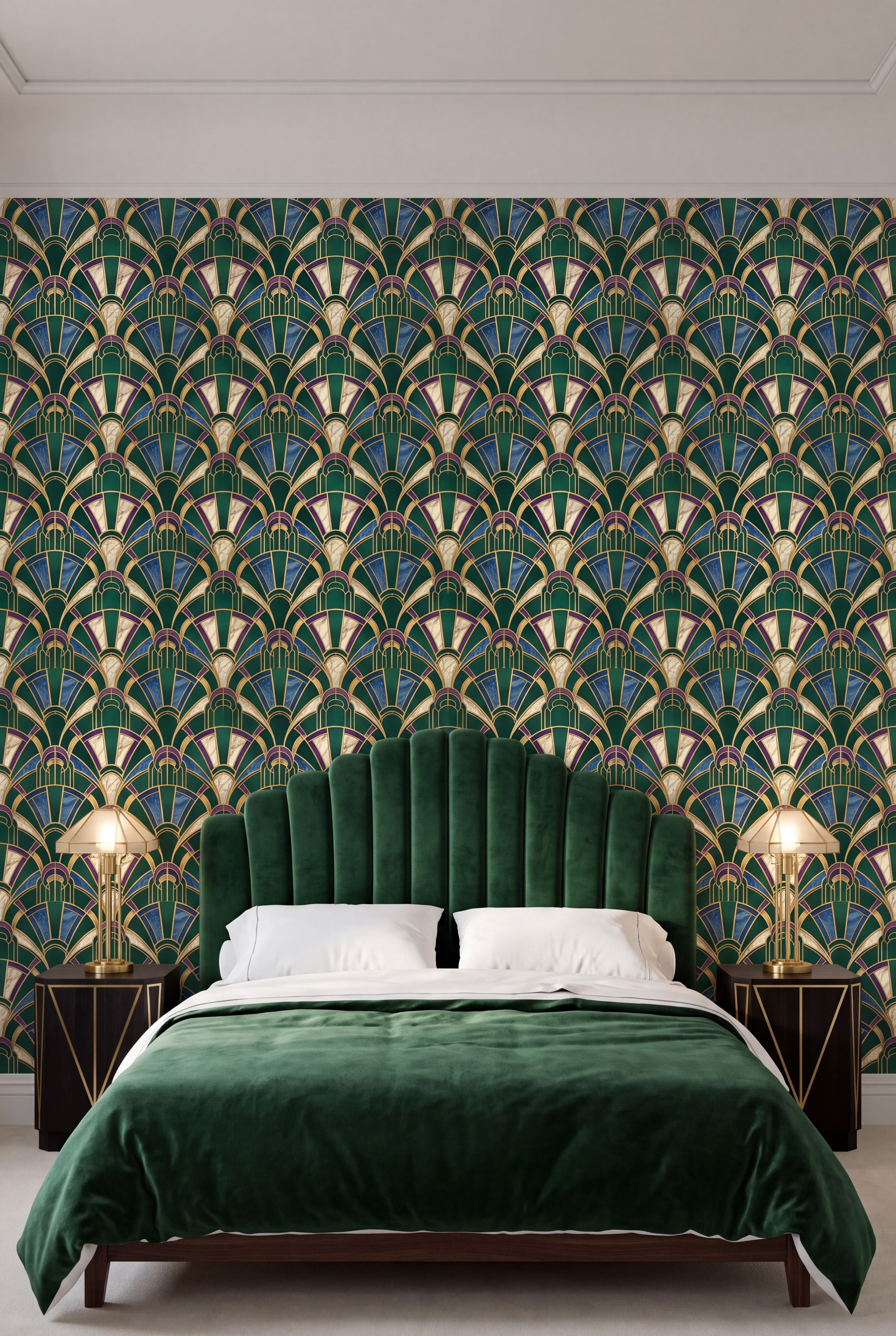 Emerald Deco Fan wallpaper in emerald, cobalt and gold on a bedroom wall.