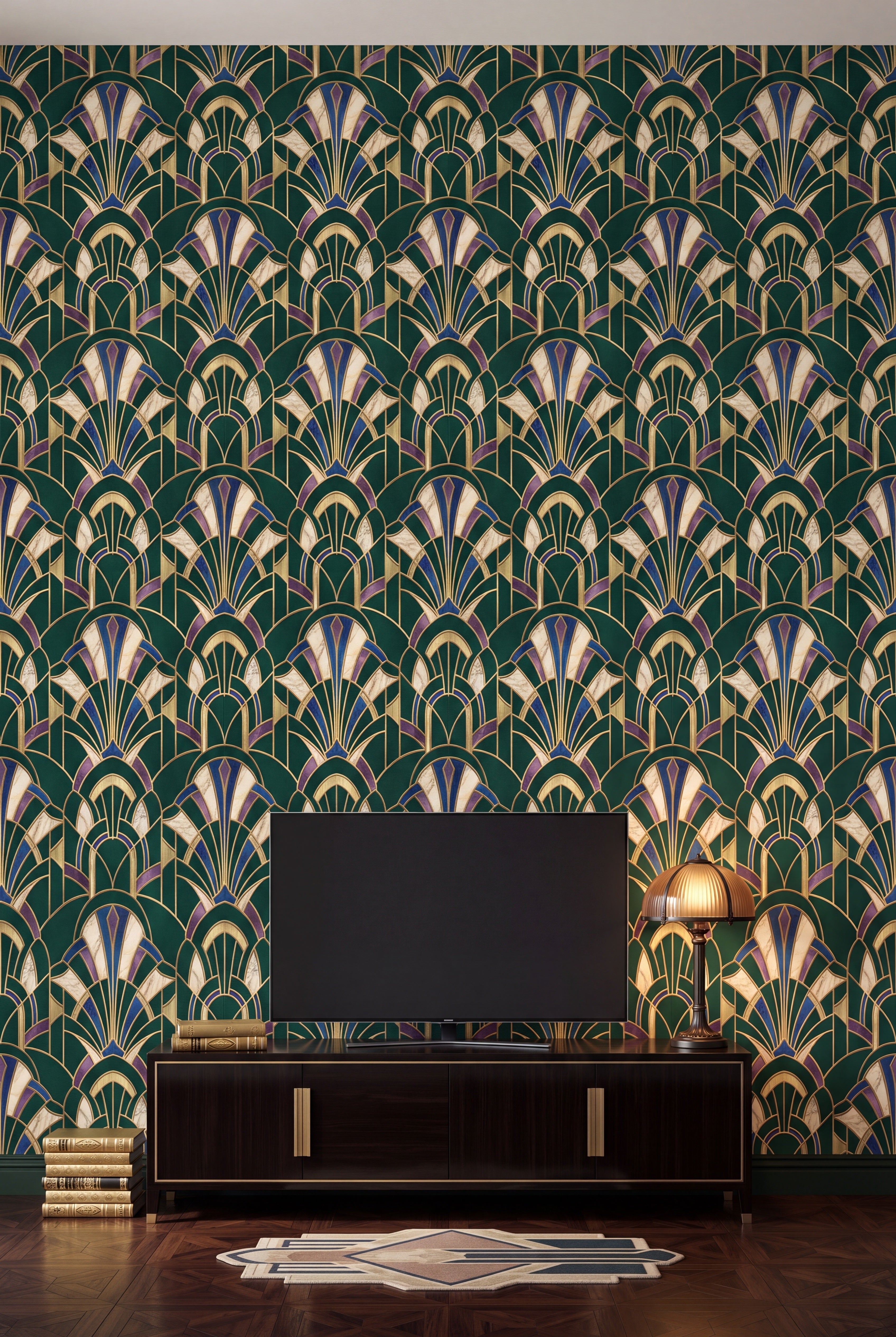 Malachite Arch wallpaper in malachite green, amethyst and gold on marble on a media wall.