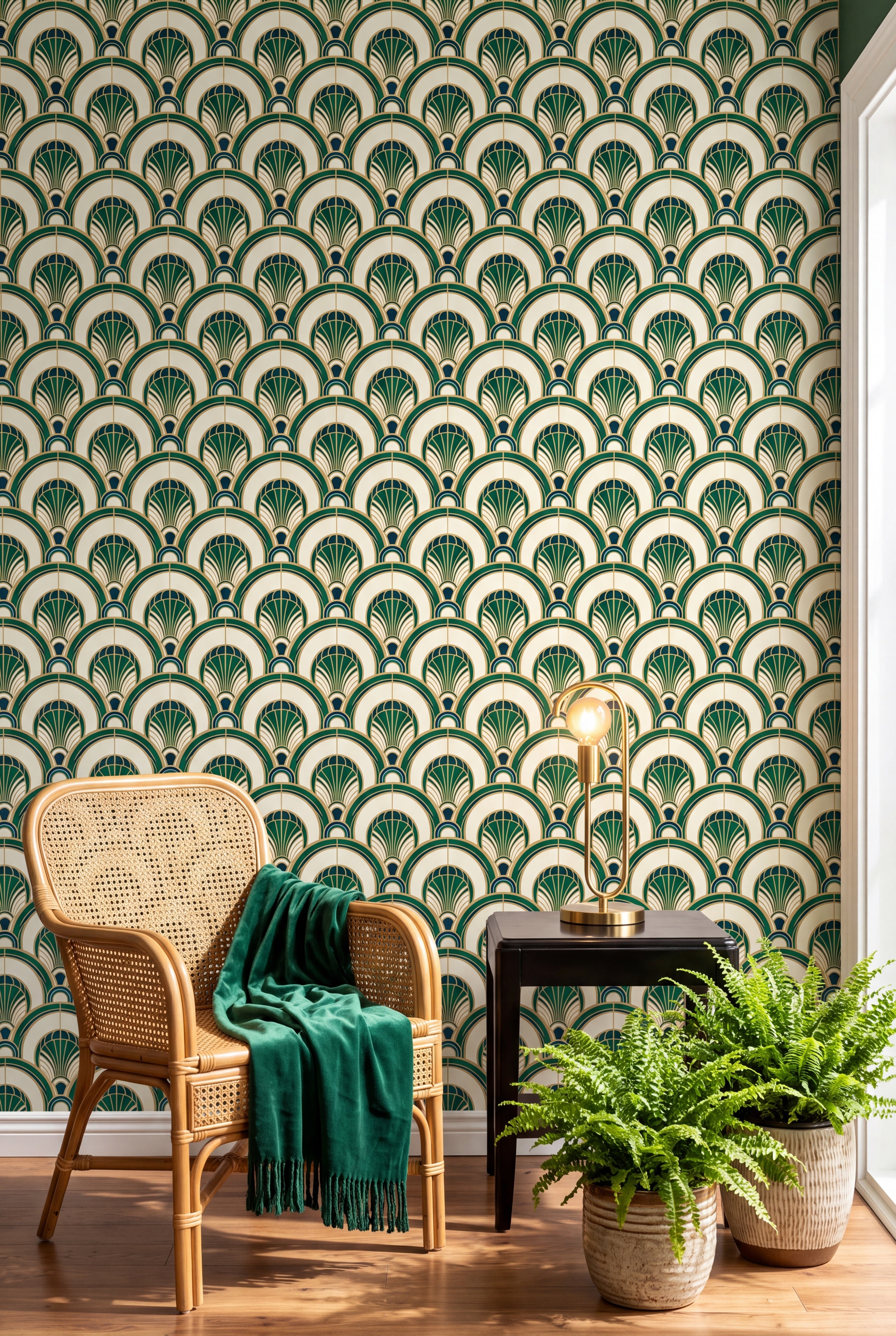 Ivory Deco Arch wallpaper in emerald and gold on ivory on a sunroom wall.
