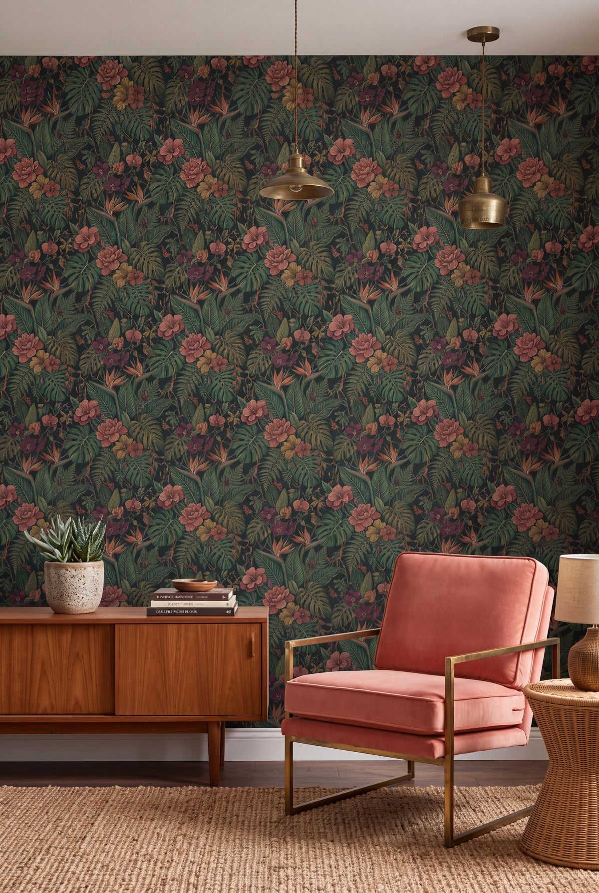 Jungle Bloom wallpaper in forest green, coral and blush on a living wall.