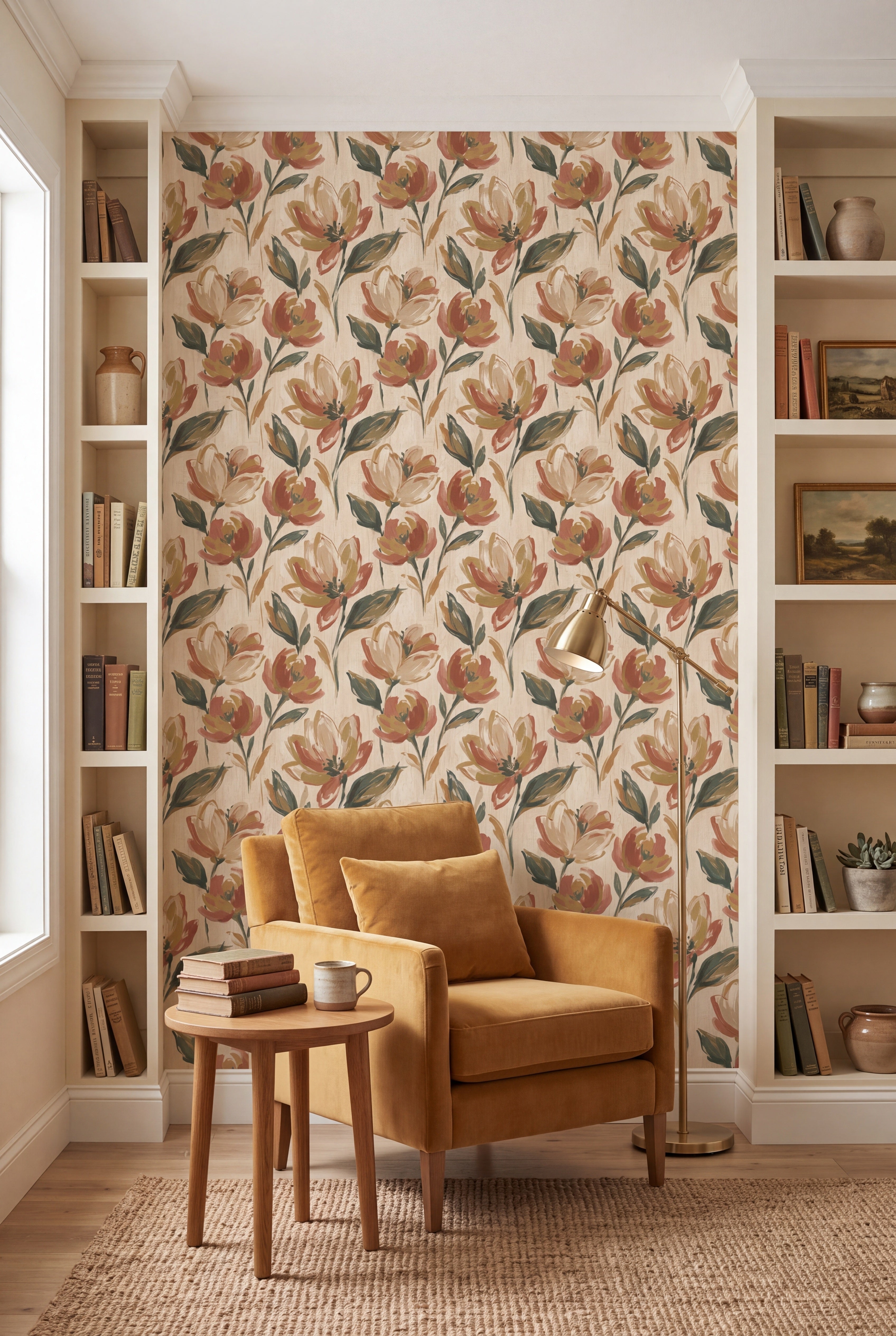 Magnolia Study wallpaper in ochre, rust and olive on cream on a nook wall.