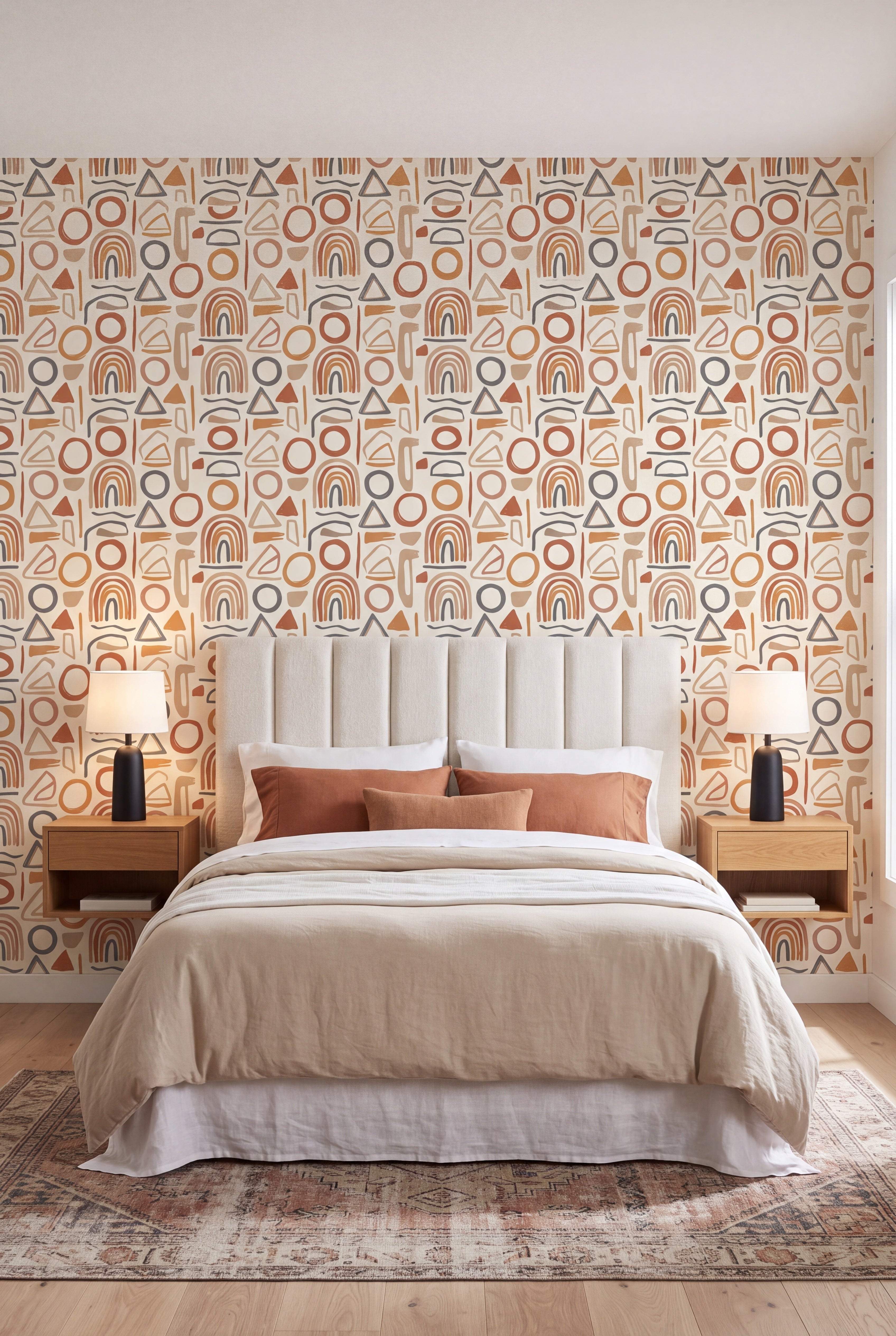 Clay Marks wallpaper in terracotta, taupe and charcoal on cream on a bedroom wall.