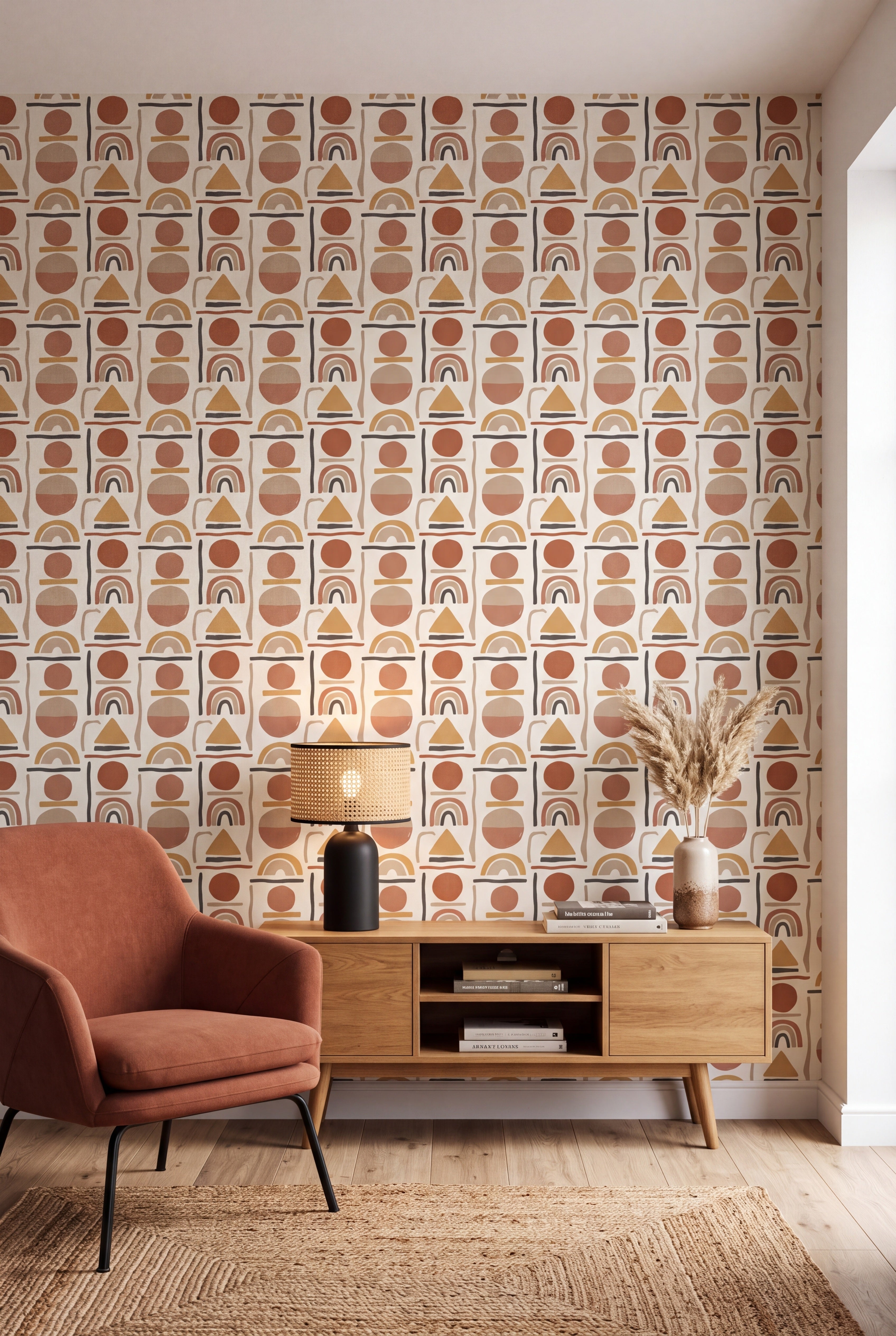 Terracotta Arch wallpaper in terracotta, ochre and charcoal on cream on a living wall.