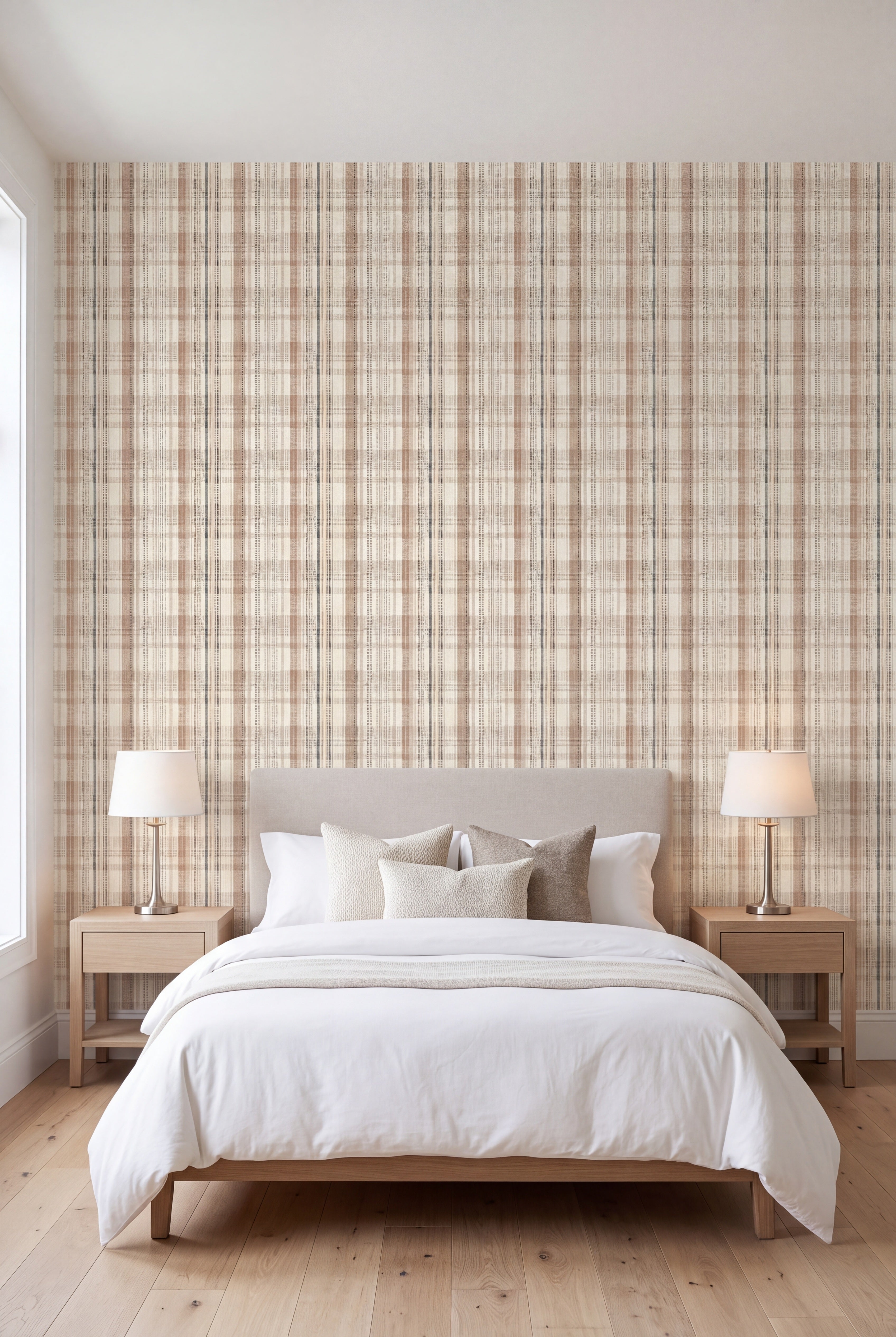 Blush Plaid wallpaper in blush, taupe and cream on a bedroom wall.