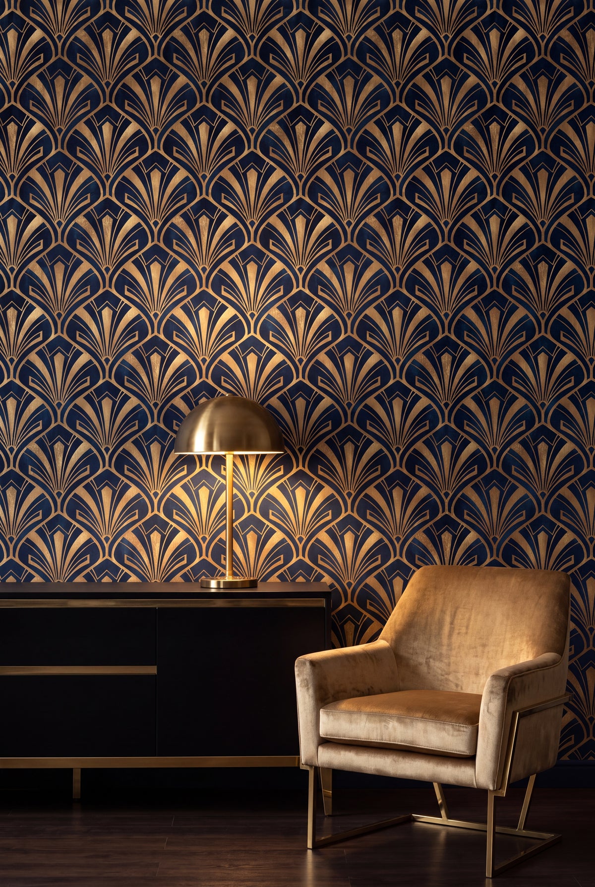 Midnight Plume wallpaper shown in a living room