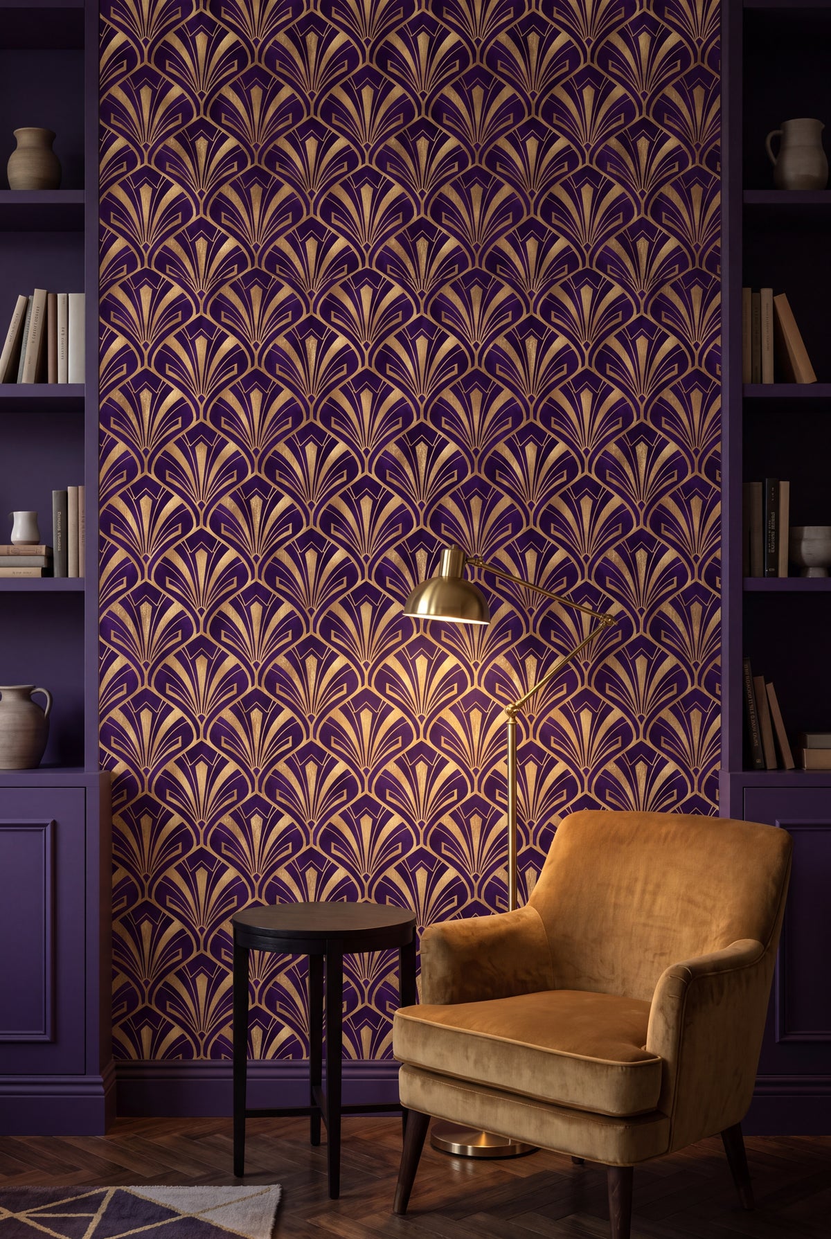 Amethyst Plume wallpaper shown in a reading nook
