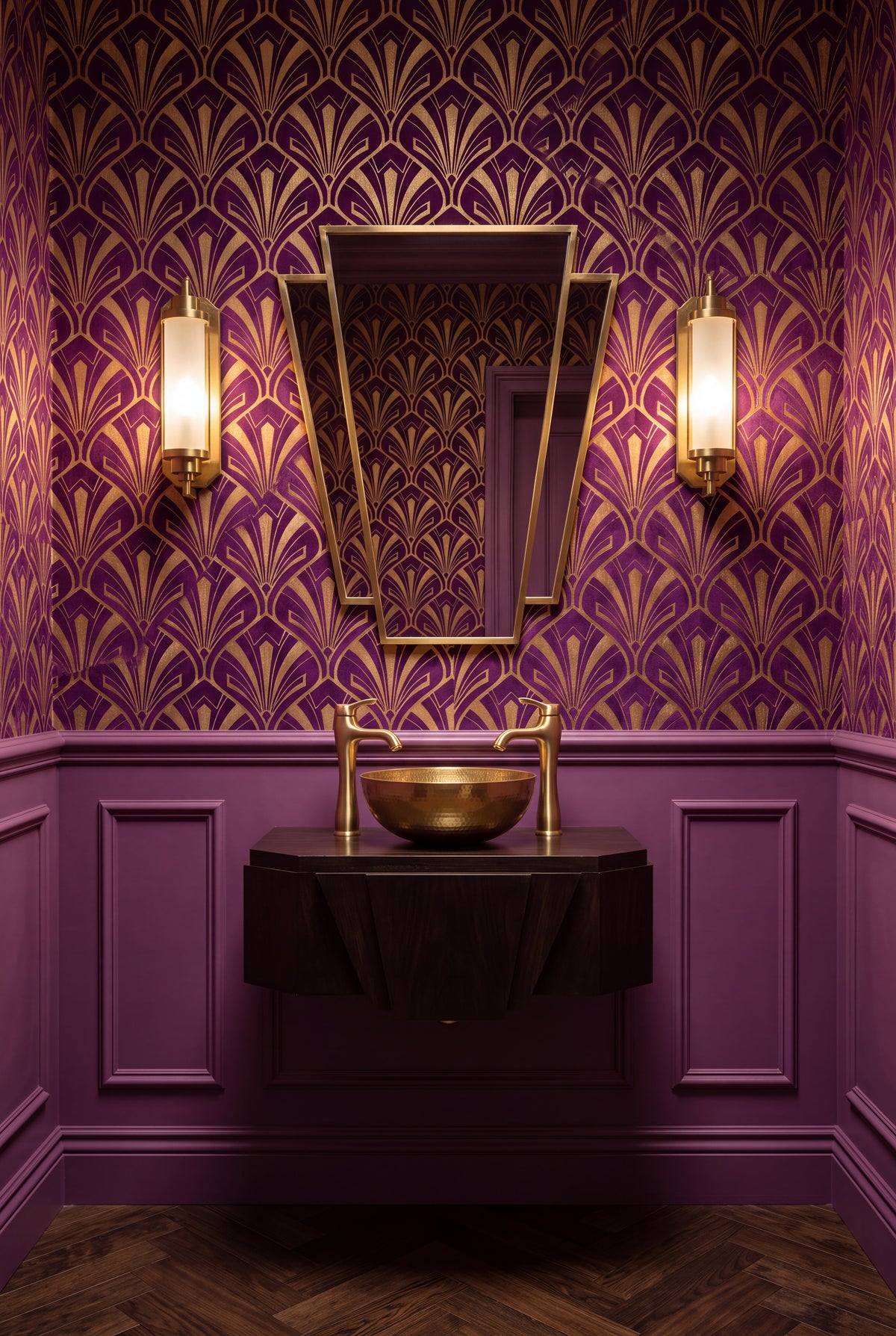 Orchid Plume wallpaper shown in a powder room