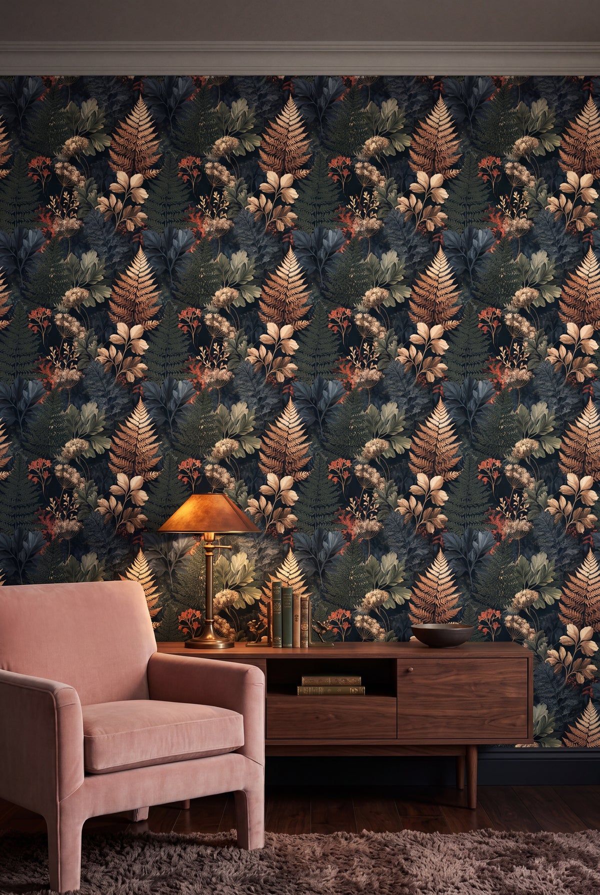 Blush Fernery wallpaper shown in a living room
